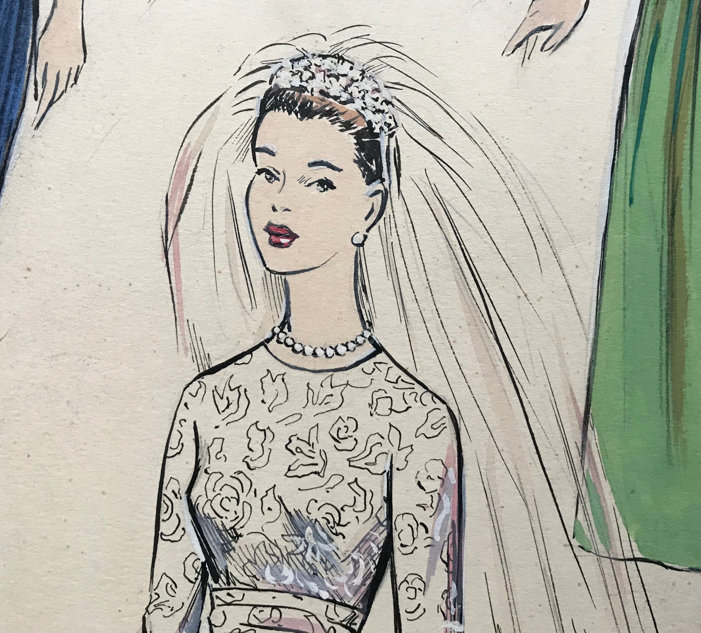 A Large Hand Drawn and Hand Painted Fashion Illustration. Spanish. Barcelona. 1957 - 58. Size: 52 x 41 cms.