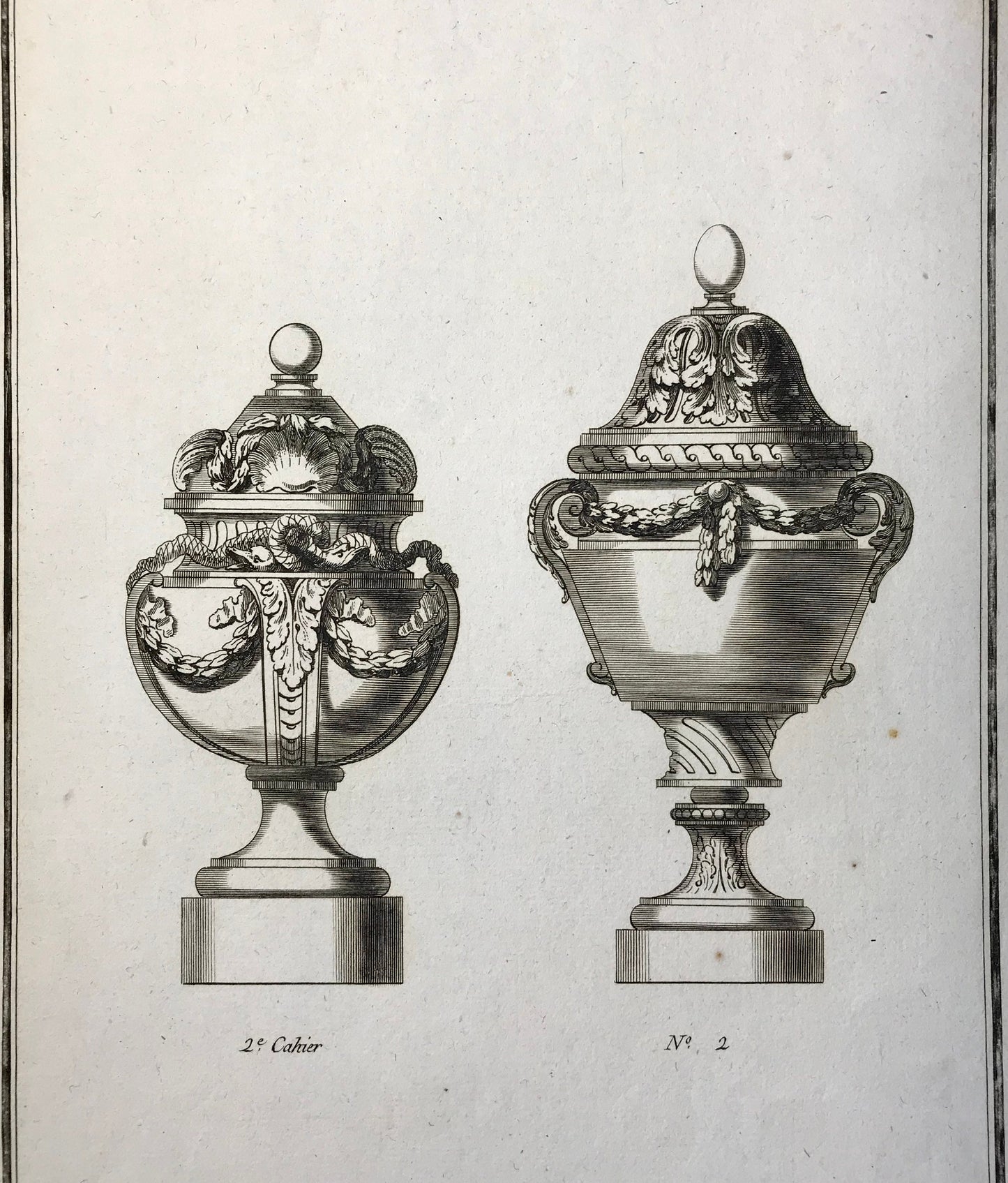 A Set of 6 Original Antique Engravings Showing Designs for Vases. Numbered 1 to 6. By Pierre de Fontanieu. Dated 1770. 36 x 24.2 cms.