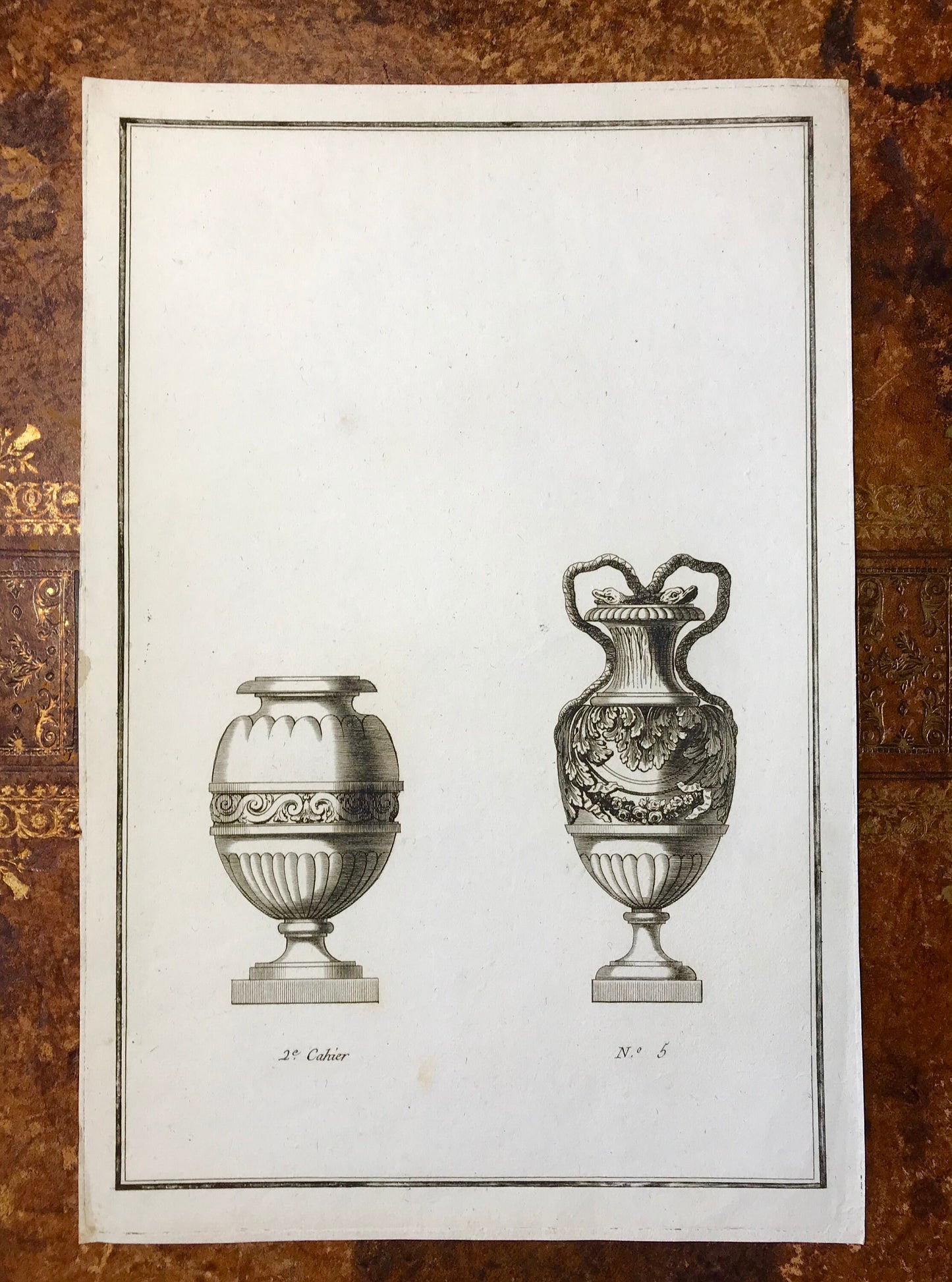 A Set of 6 Original Antique Engravings Showing Designs for Vases. Numbered 1 to 6. By Pierre de Fontanieu. Dated 1770. 36 x 24.2 cms.