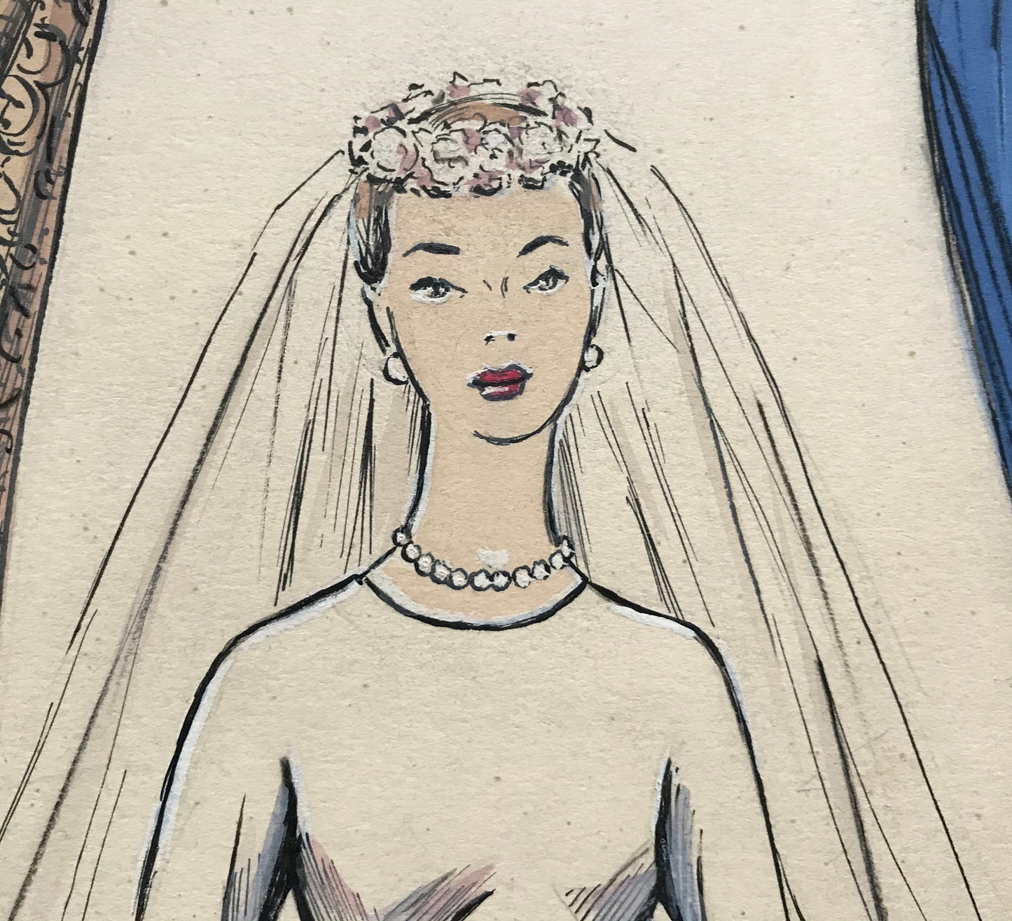 A Large Hand Drawn and Hand Painted Fashion Illustration. Spanish. Barcelona. 1957 - 58. Size: 52 x 41 cms.