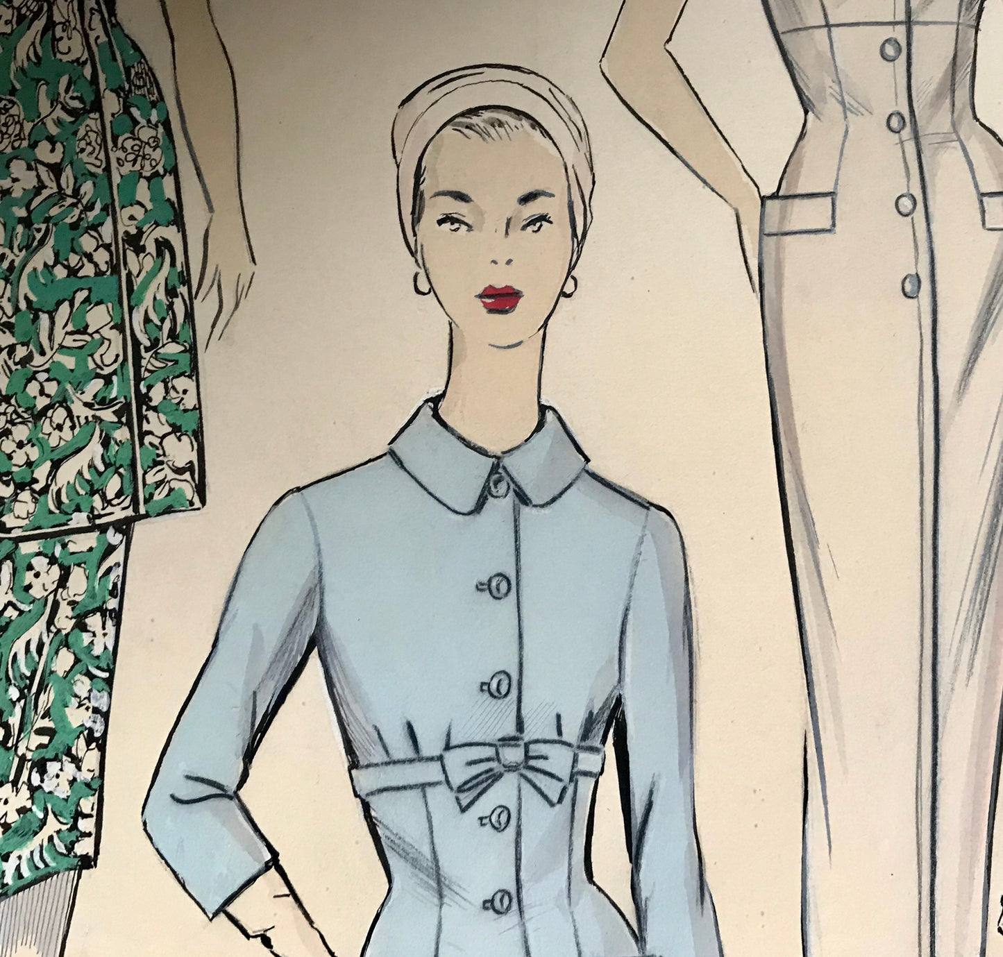 A Large Hand Drawn and Hand Painted Fashion Illustration. Spanish. From Barcelona. 1957 - 58. Size: 52 x 41.5 cms.