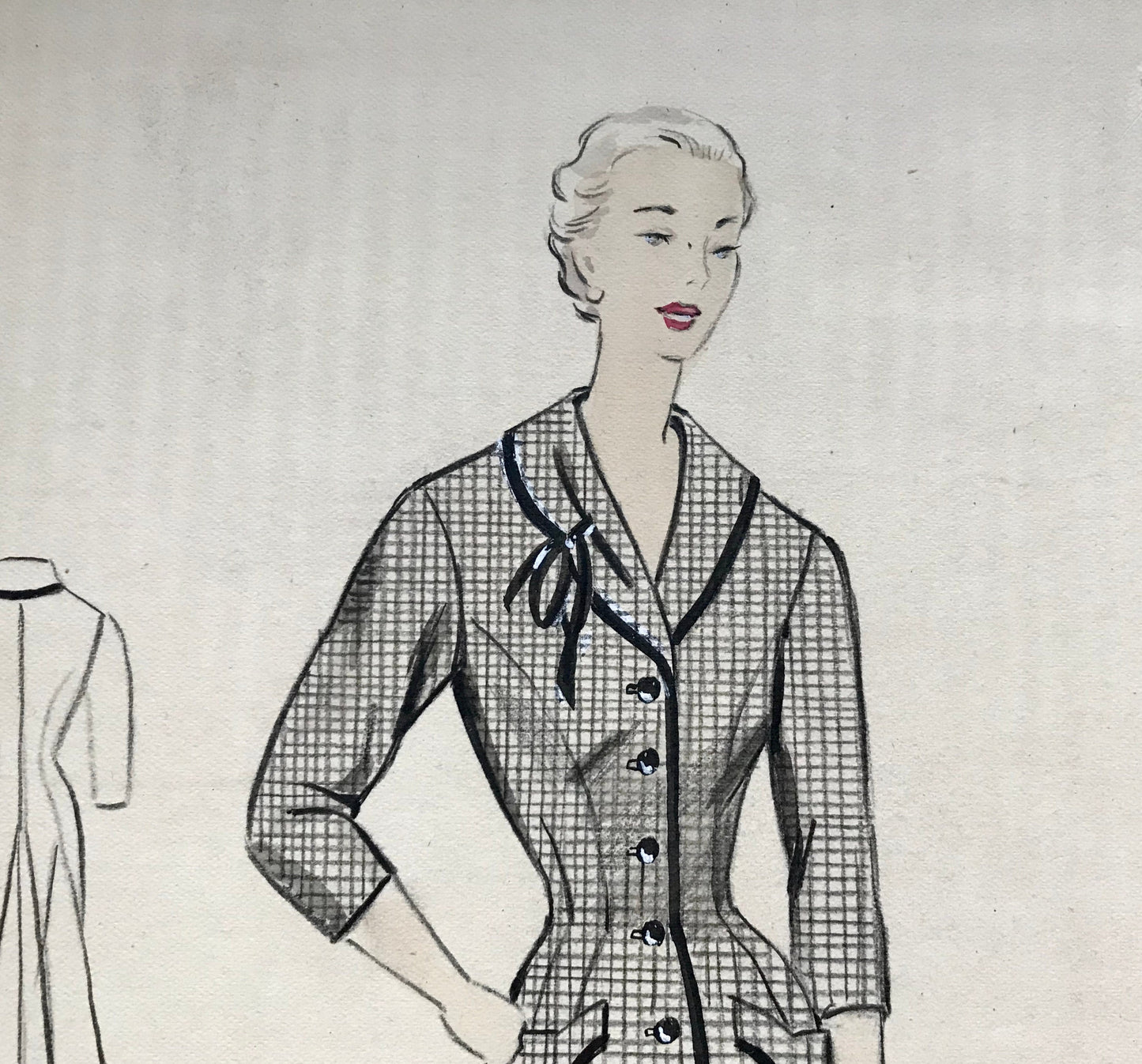 A Large Hand Drawn and Hand Painted Fashion Illustration. From Barcelona, Spain. 1955. Size: 50.5 x 40.5 cms.