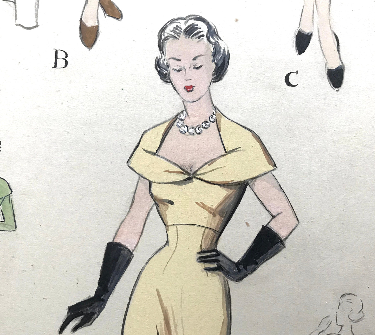 A Large Hand Drawn and Hand Painted Fashion Illustration. From Barcelona, Spain. 1949 - 1950. Size: 51 x 38 cms.