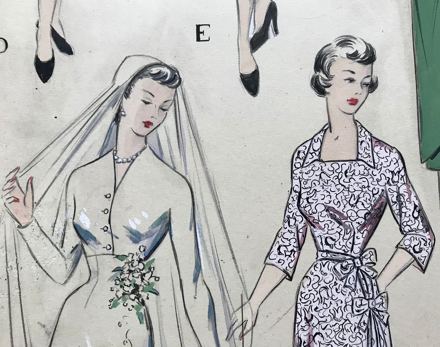 A Large Hand Drawn and Hand Painted Fashion Illustration. From Barcelona, Spain. 1949 - 1950. Size: 51 x 38 cms.