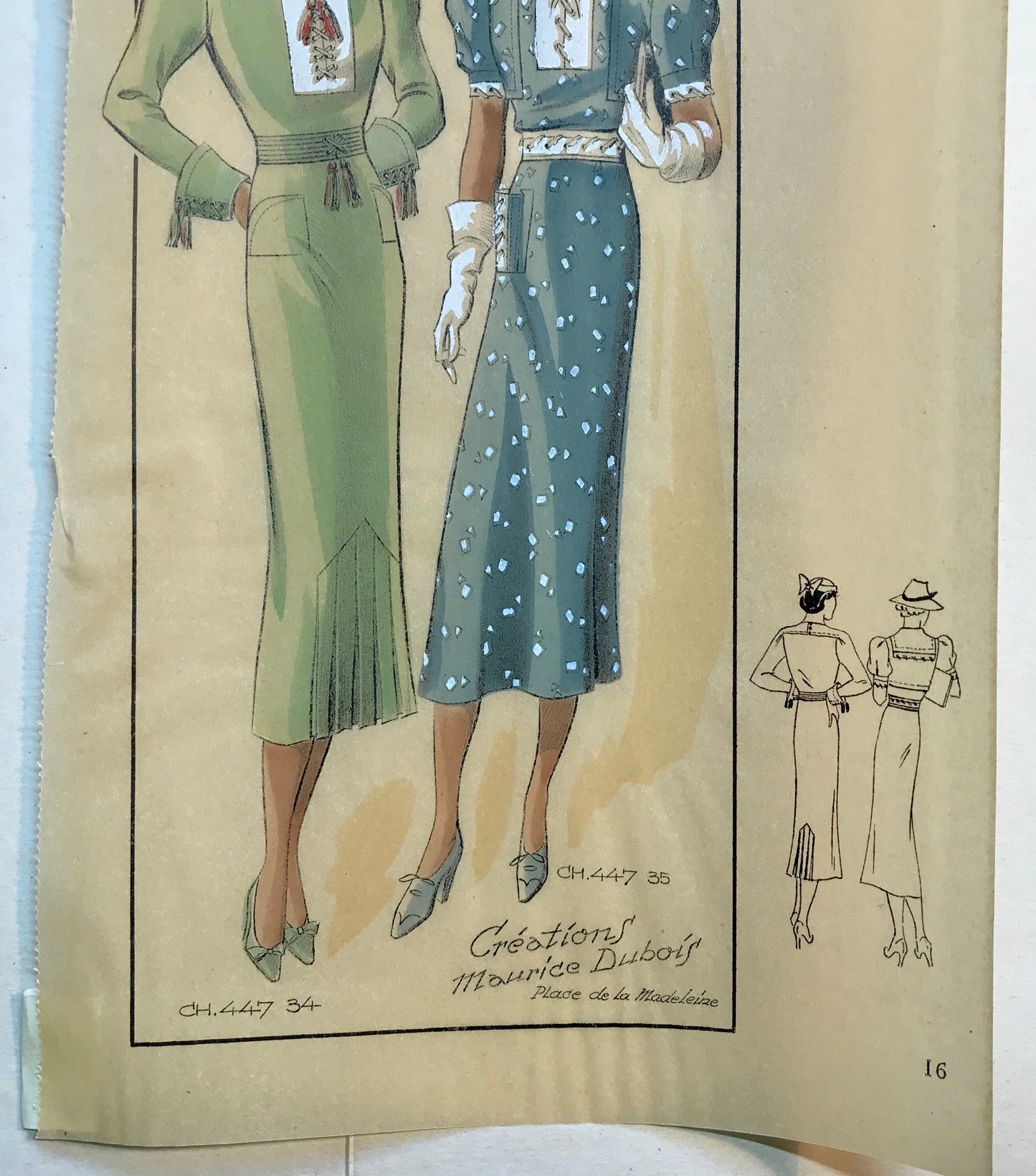 A Sketch, or Croquis. Produced by the Fashion House of Maurice Dubois. Hand coloured lithograph. 1935. Size: 27.5 x 16.7 cms.
