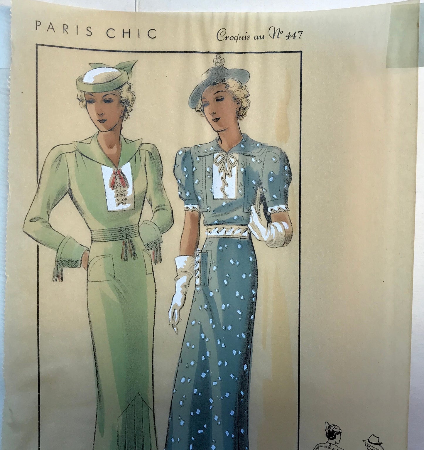 A Sketch, or Croquis. Produced by the Fashion House of Maurice Dubois. Hand coloured lithograph. 1935. Size: 27.5 x 16.7 cms.