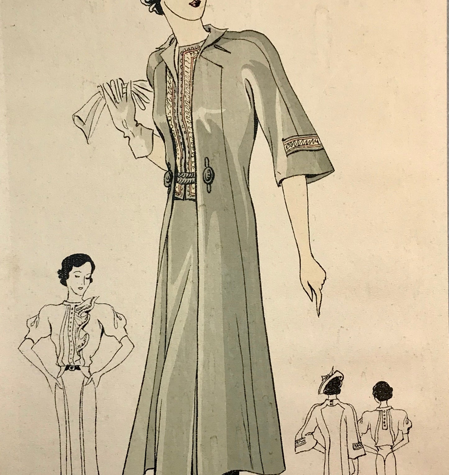 An Original Fashion Sketch, or Croquis, from a Parisian Atelier. A Hand Coloured Lithograph print. 1930’s. Size: 30.5 x 18.8 cms.