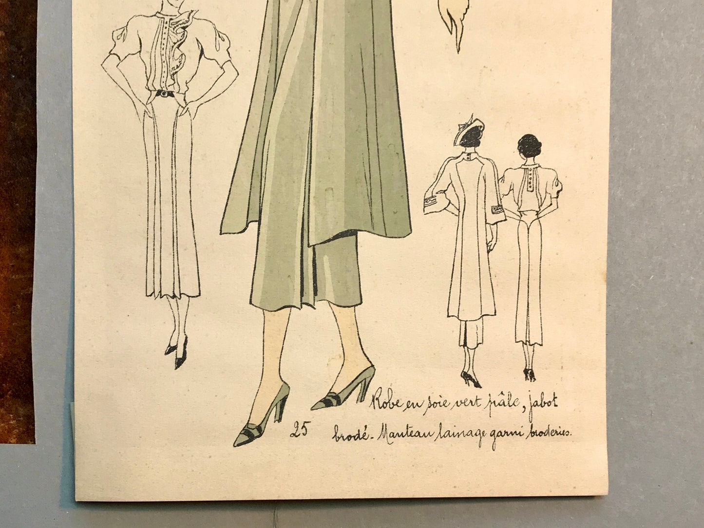 An Original Fashion Sketch, or Croquis, from a Parisian Atelier. A Hand Coloured Lithograph print. 1930’s. Size: 30.5 x 18.8 cms.