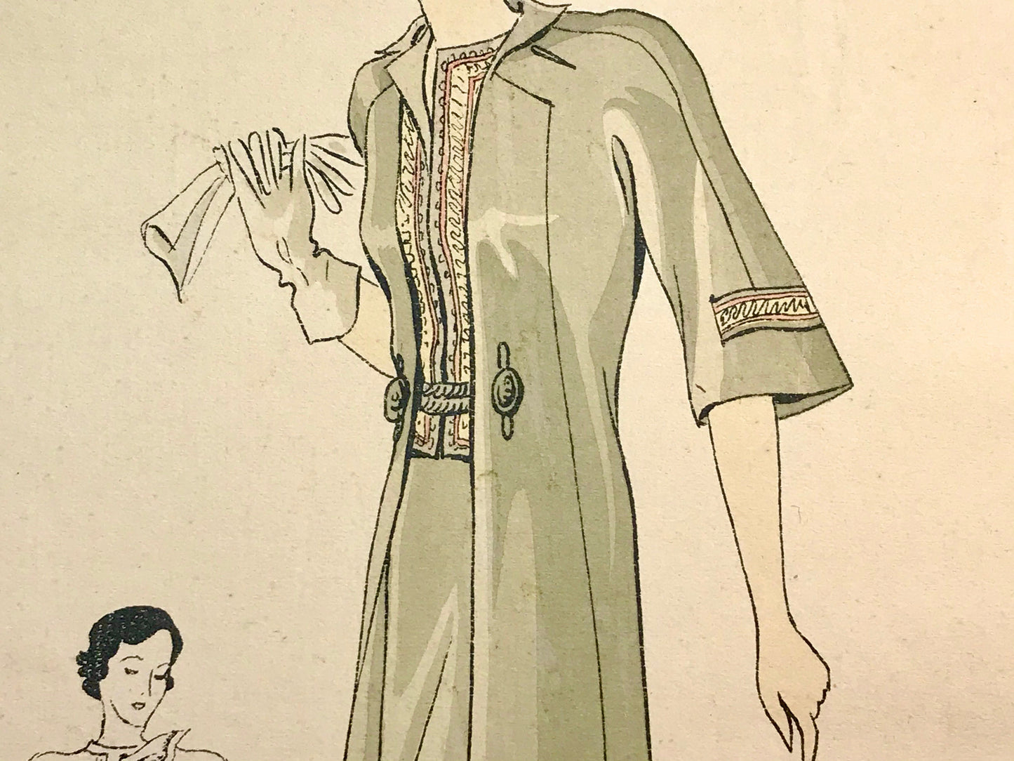 An Original Fashion Sketch, or Croquis, from a Parisian Atelier. A Hand Coloured Lithograph print. 1930’s. Size: 30.5 x 18.8 cms.