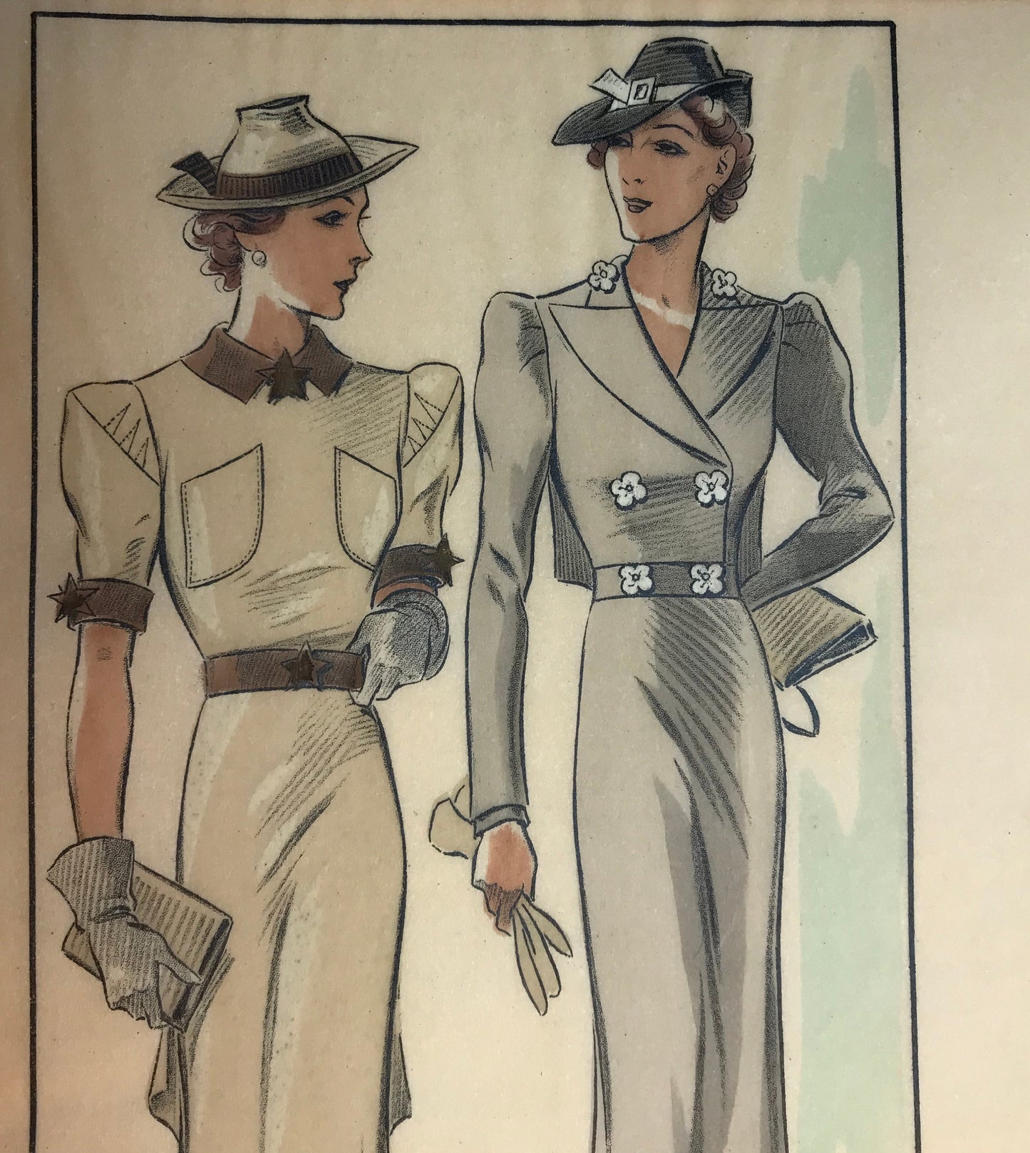 An Original Fashion Sketch, or Croquis, from Parisian Atelier H Hubert. A Hand Coloured Lithograph print. 1930’s. Size: 27.5 x 16.8 cms.