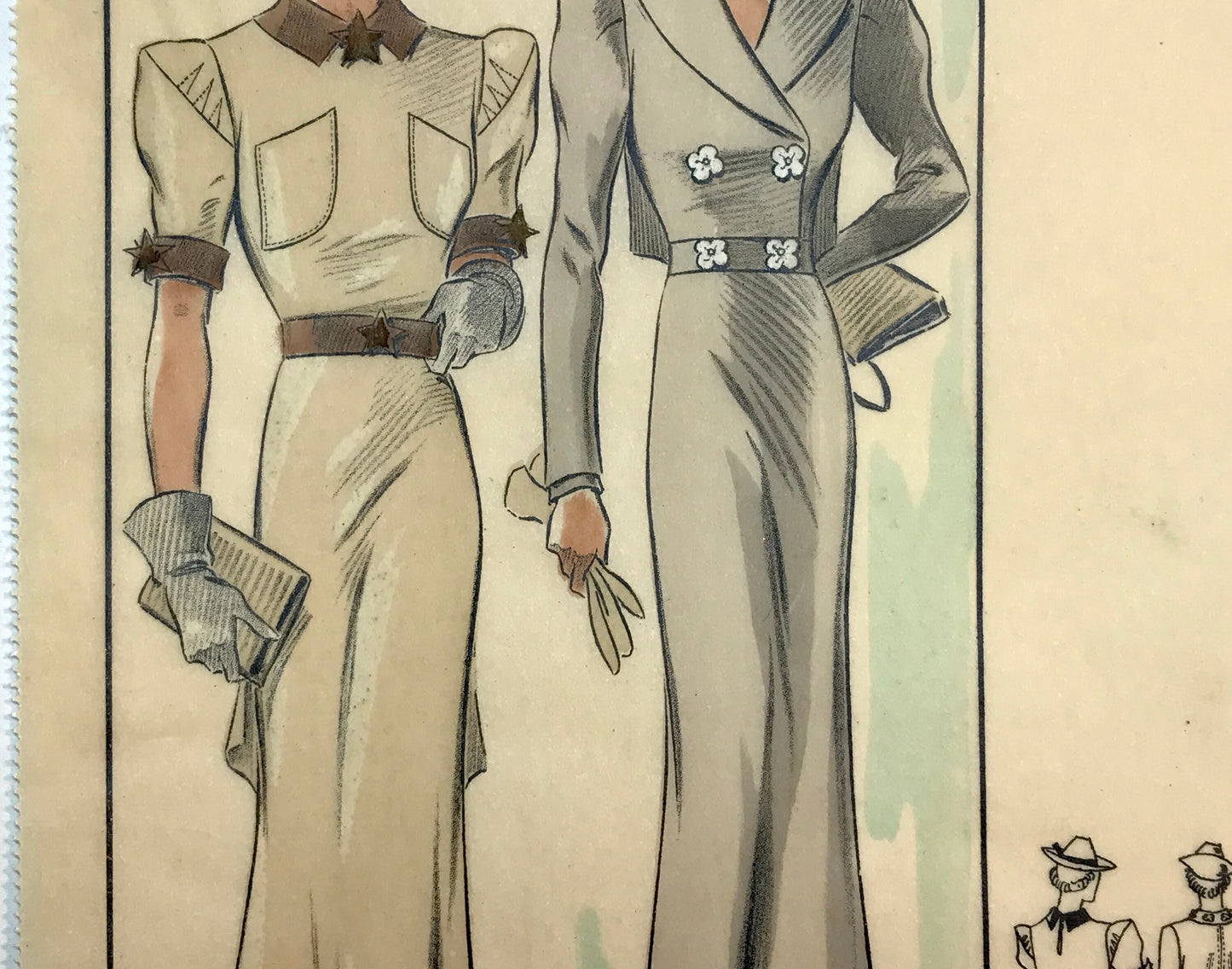 An Original Fashion Sketch, or Croquis, from Parisian Atelier H Hubert. A Hand Coloured Lithograph print. 1930’s. Size: 27.5 x 16.8 cms.