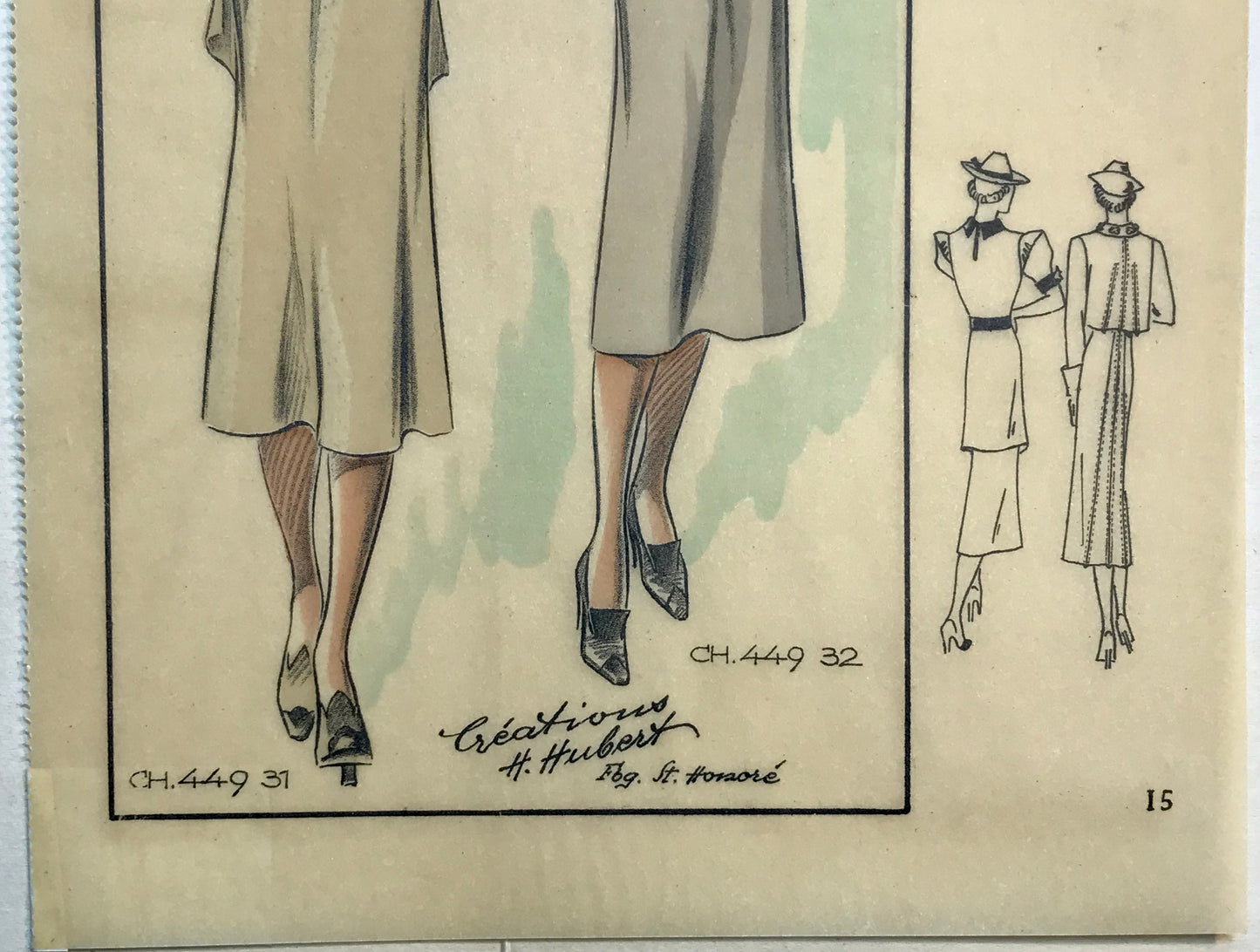 An Original Fashion Sketch, or Croquis, from Parisian Atelier H Hubert. A Hand Coloured Lithograph print. 1930’s. Size: 27.5 x 16.8 cms.