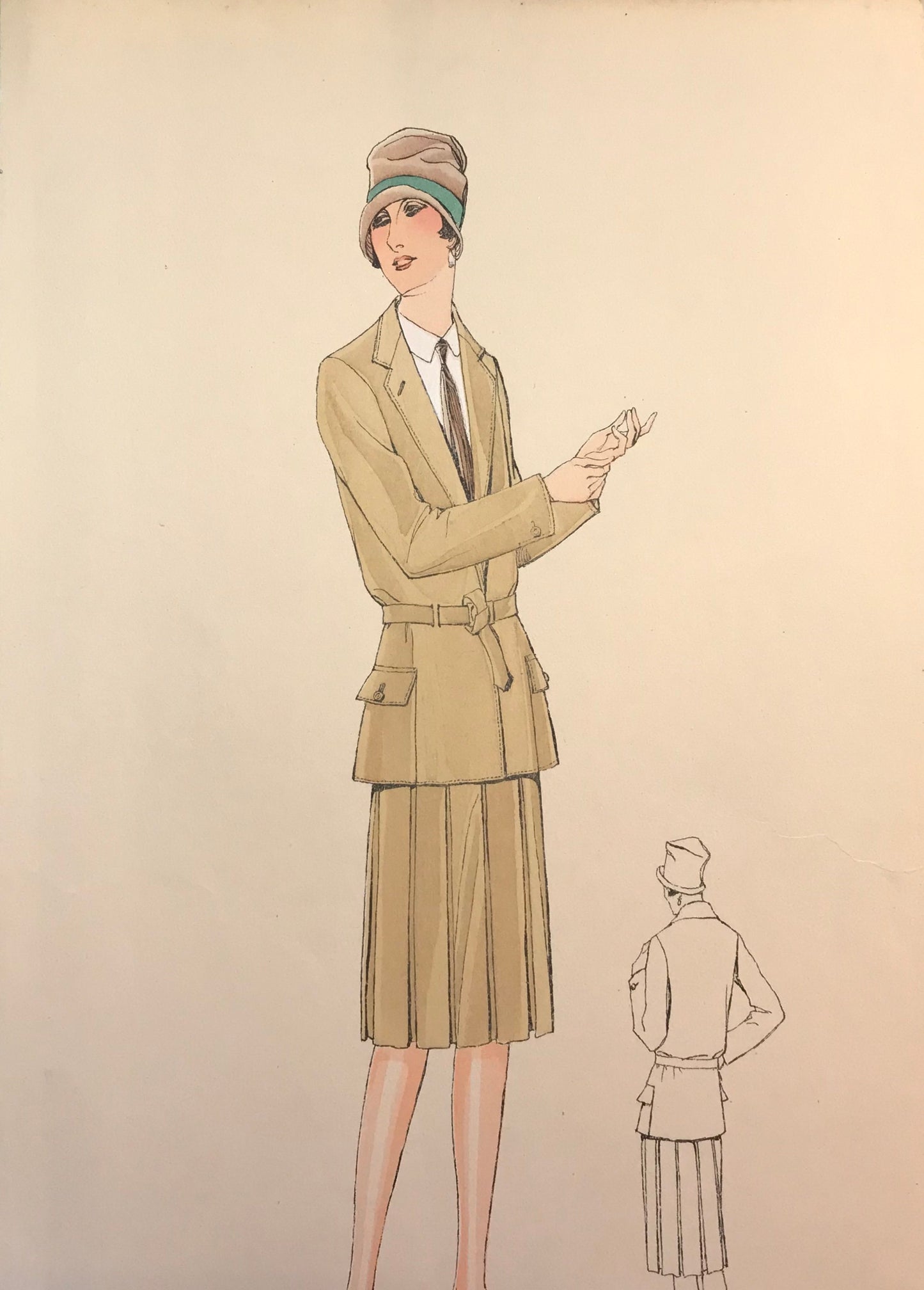 An Original Fashion Sketch, or Croquis, from Parisian Atelier Bachwitz. A Hand Coloured Lithograph print. 1930’s. Size: 30.5 x 18.8 cms.