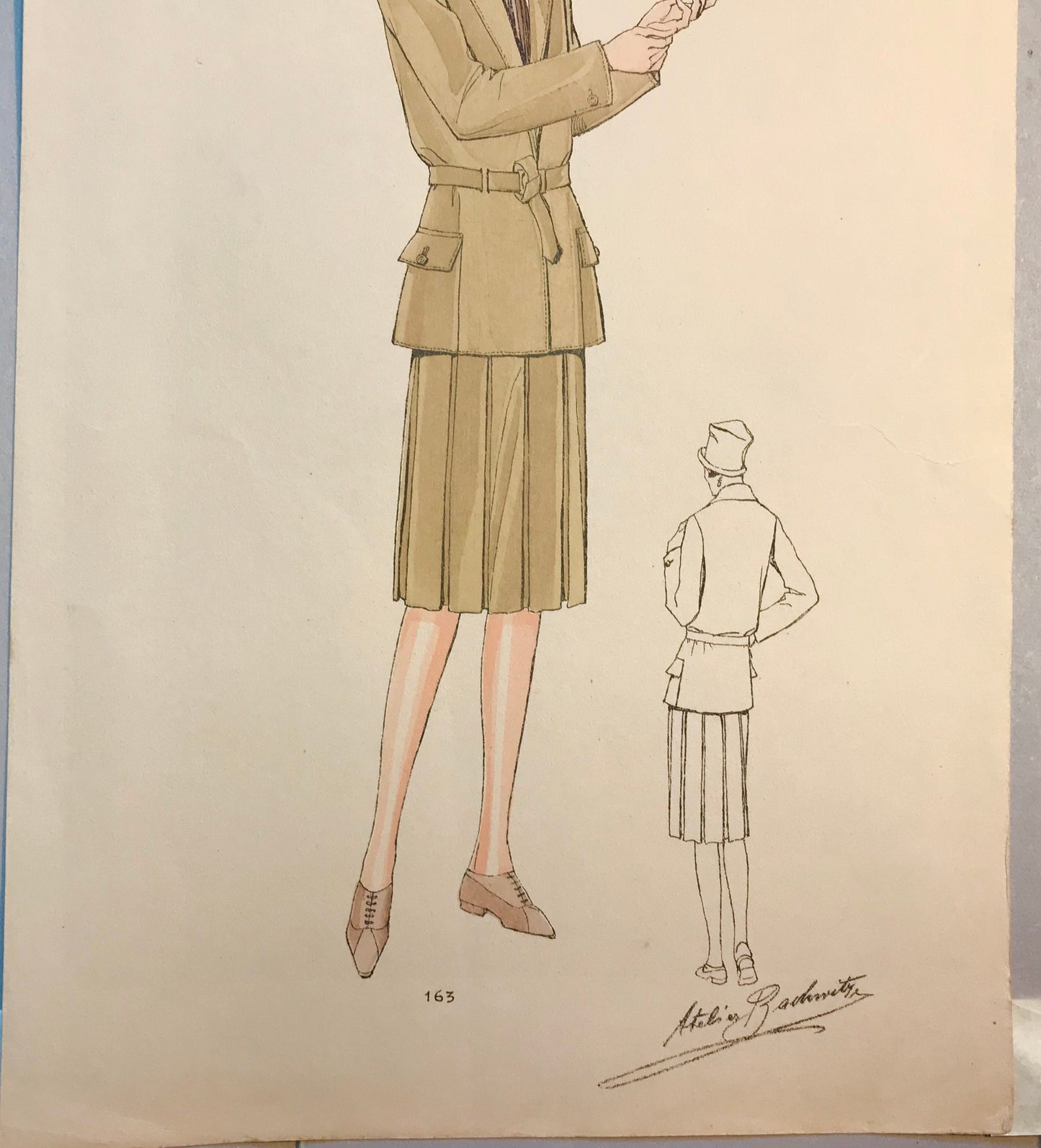 An Original Fashion Sketch, or Croquis, from Parisian Atelier Bachwitz. A Hand Coloured Lithograph print. 1930’s. Size: 30.5 x 18.8 cms.