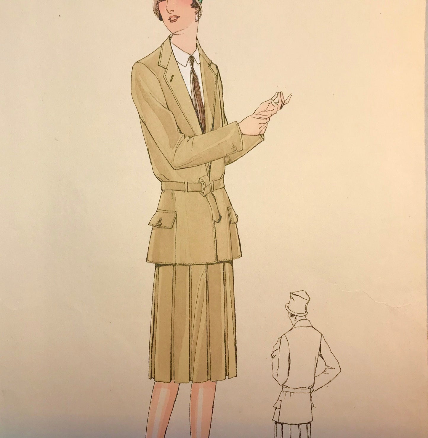An Original Fashion Sketch, or Croquis, from Parisian Atelier Bachwitz. A Hand Coloured Lithograph print. 1930’s. Size: 30.5 x 18.8 cms.