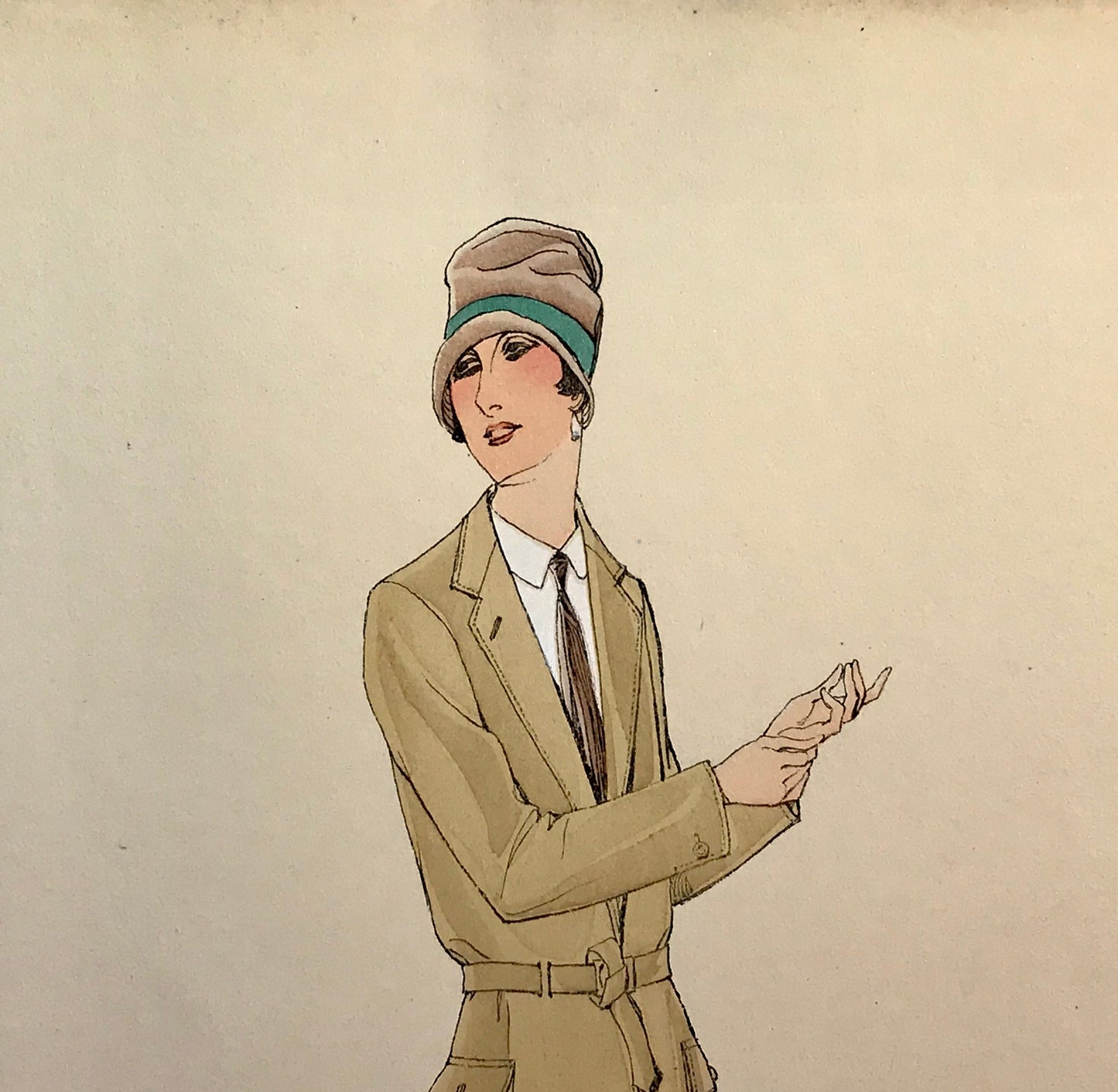 An Original Fashion Sketch, or Croquis, from Parisian Atelier Bachwitz. A Hand Coloured Lithograph print. 1930’s. Size: 30.5 x 18.8 cms.