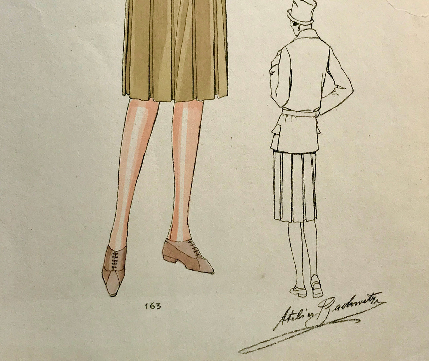 An Original Fashion Sketch, or Croquis, from Parisian Atelier Bachwitz. A Hand Coloured Lithograph print. 1930’s. Size: 30.5 x 18.8 cms.