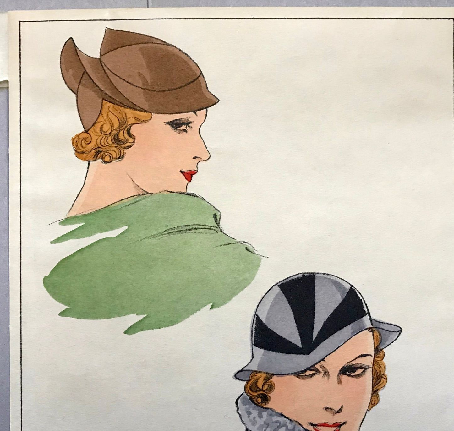 An Original Fashion Sketch, or Croquis, from Parisian Atelier Esther Meyer. A Hand Coloured Lithograph. 1930’s. Size: 24.3 x 16 cms.