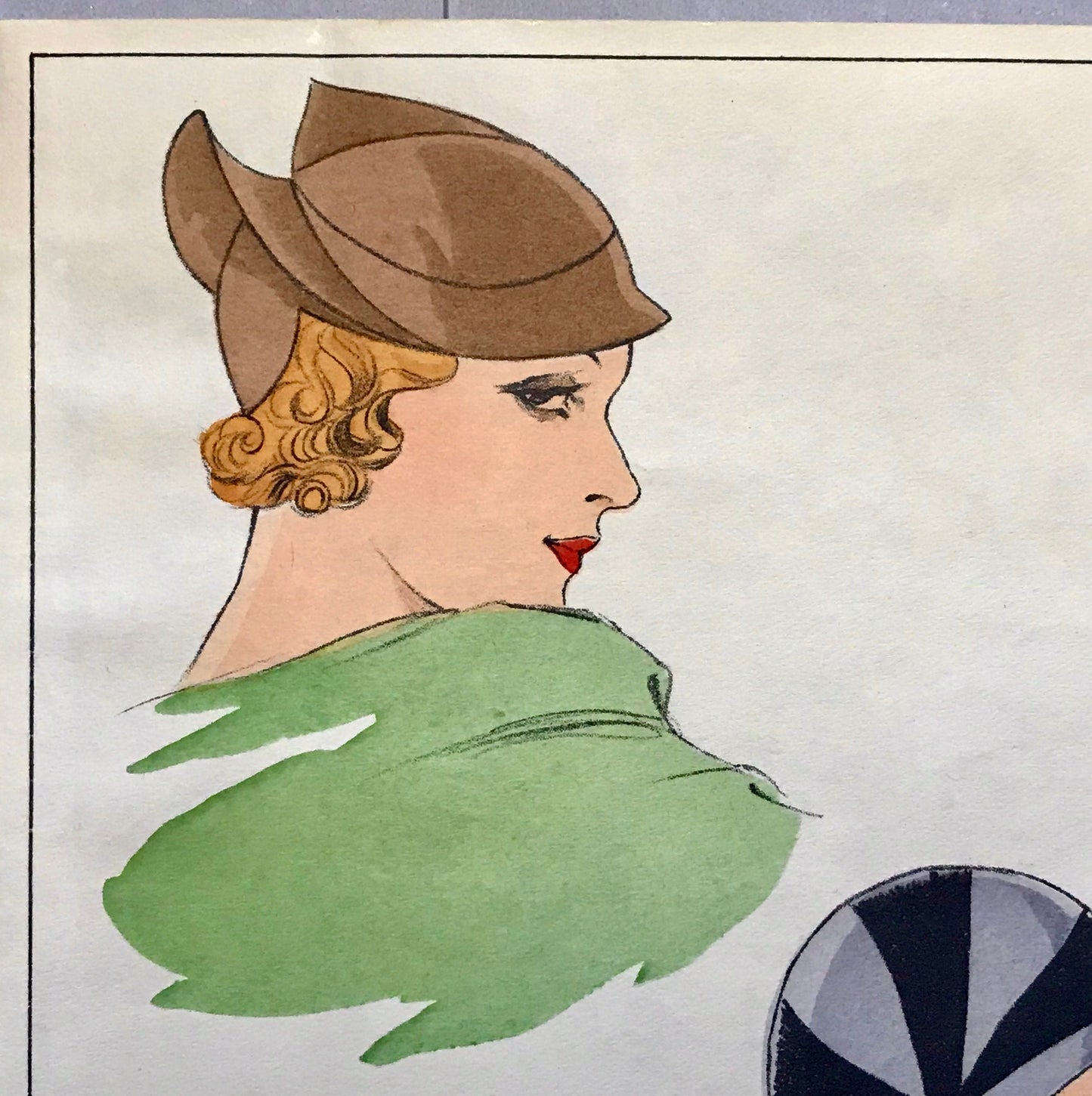 An Original Fashion Sketch, or Croquis, from Parisian Atelier Esther Meyer. A Hand Coloured Lithograph. 1930’s. Size: 24.3 x 16 cms.