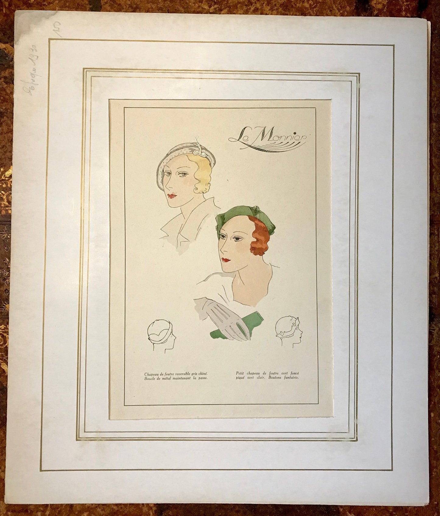 An Original Fashion Sketch, or Croquis, from Parisian Hatmaker Le Monnier. A Hand Coloured Lithograph. 1930’s. Size: 27.4 x 18 cms.