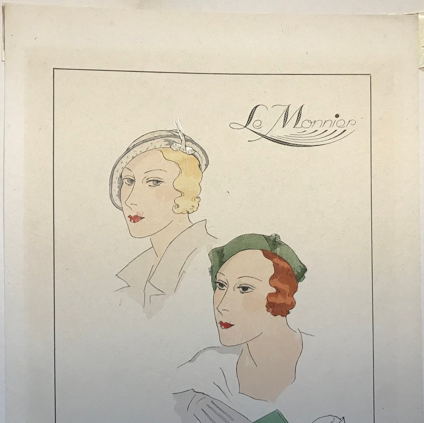 An Original Fashion Sketch, or Croquis, from Parisian Hatmaker Le Monnier. A Hand Coloured Lithograph. 1930’s. Size: 27.4 x 18 cms.