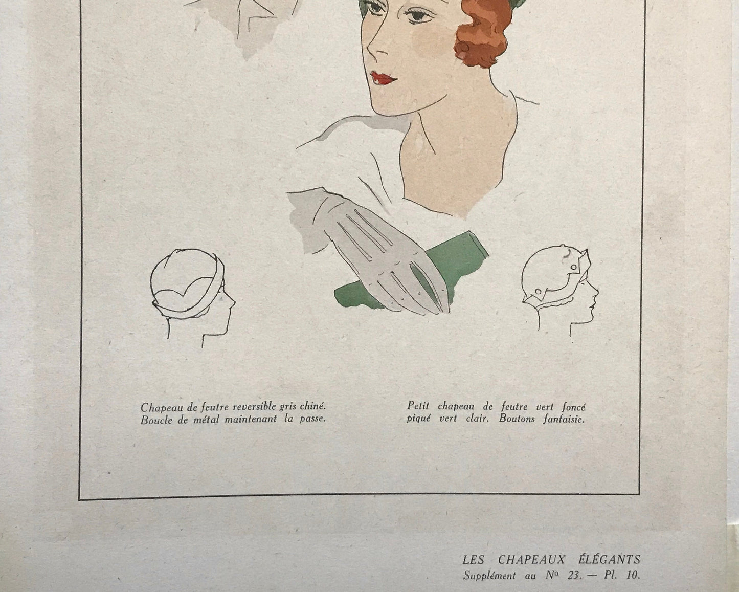 An Original Fashion Sketch, or Croquis, from Parisian Hatmaker Le Monnier. A Hand Coloured Lithograph. 1930’s. Size: 27.4 x 18 cms.