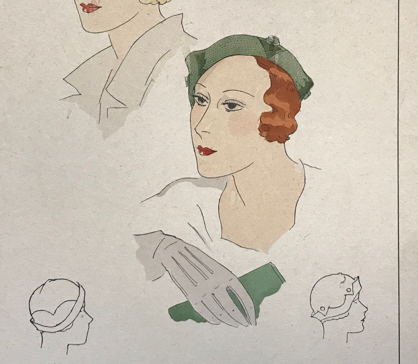 An Original Fashion Sketch, or Croquis, from Parisian Hatmaker Le Monnier. A Hand Coloured Lithograph. 1930’s. Size: 27.4 x 18 cms.