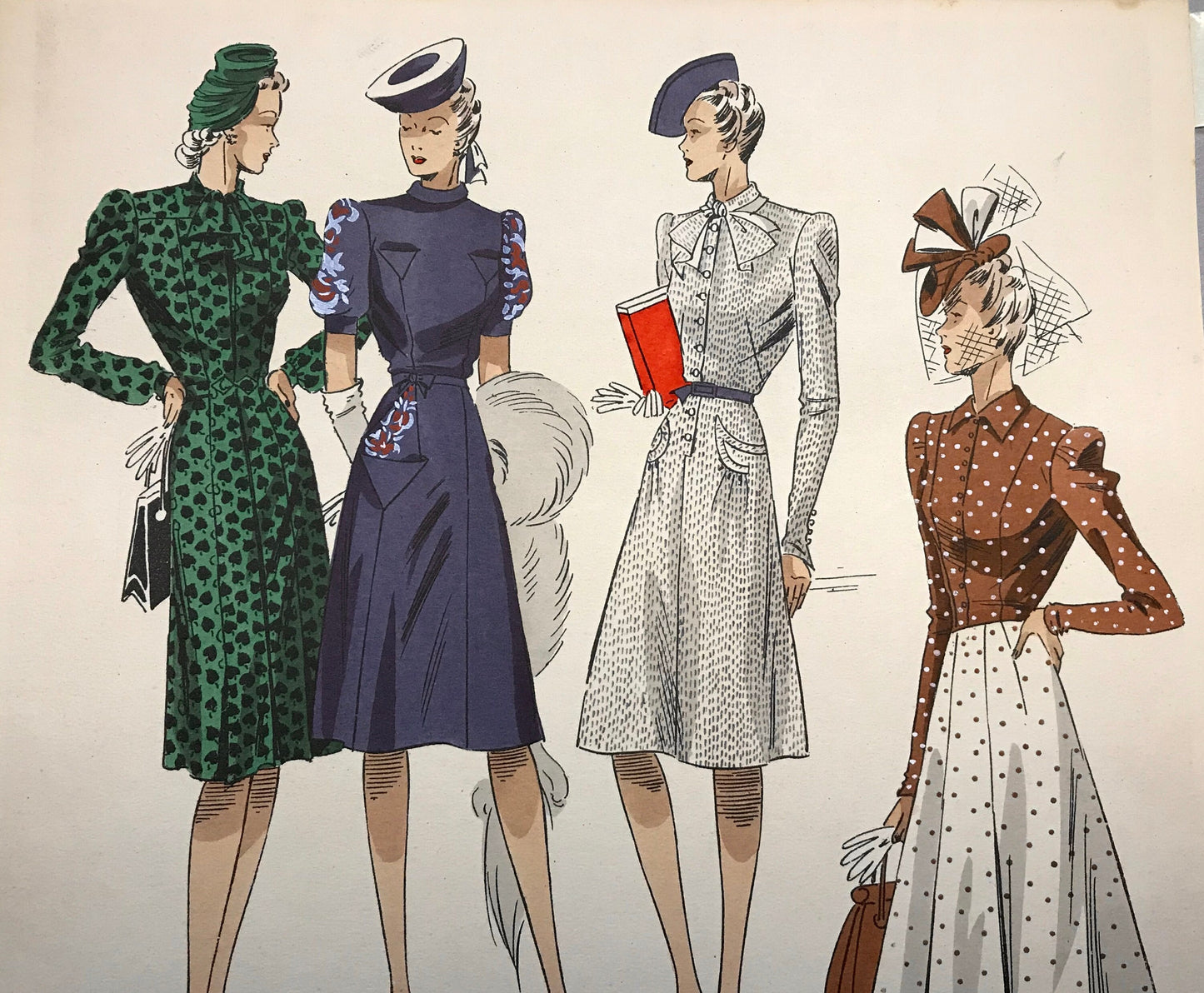 An Original Fashion Sketch, or Croquis, from ‘Les Creations Parisiennes’. A Hand Coloured Lithograph Print. 1945. Large: 32.5 x 24.8 cms.