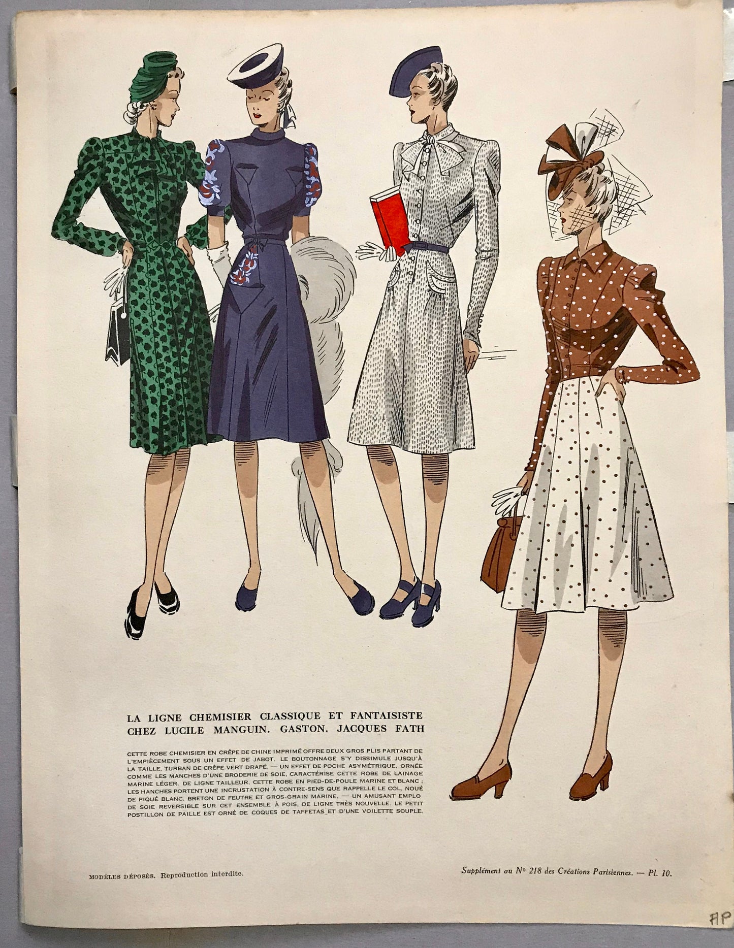 An Original Fashion Sketch, or Croquis, from ‘Les Creations Parisiennes’. A Hand Coloured Lithograph Print. 1945. Large: 32.5 x 24.8 cms.