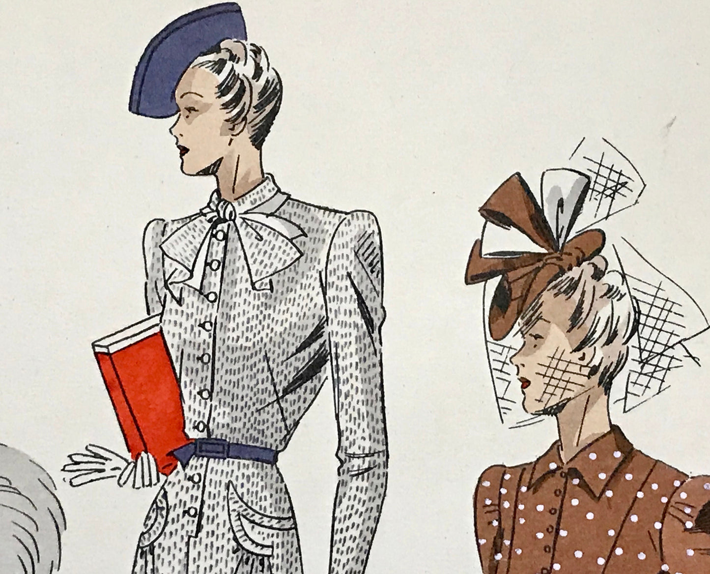 An Original Fashion Sketch, or Croquis, from ‘Les Creations Parisiennes’. A Hand Coloured Lithograph Print. 1945. Large: 32.5 x 24.8 cms.