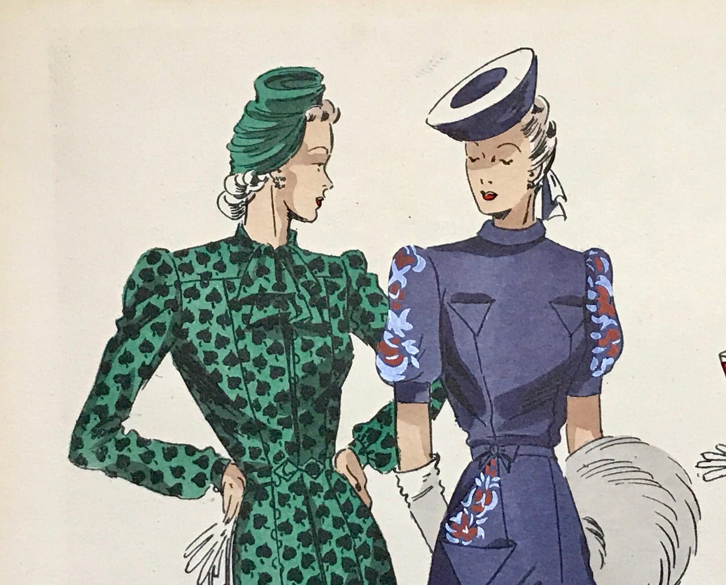 An Original Fashion Sketch, or Croquis, from ‘Les Creations Parisiennes’. A Hand Coloured Lithograph Print. 1945. Large: 32.5 x 24.8 cms.