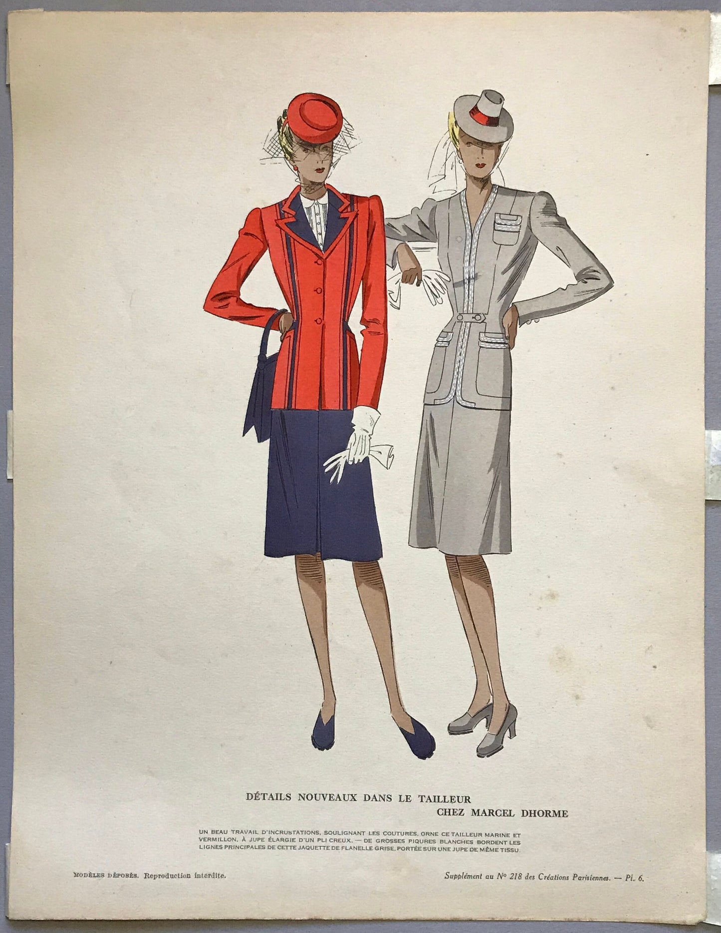 An Original Fashion Sketch, or Croquis, from ‘Les Creations Parisiennes’. A Hand Coloured Lithograph print. 1945. Large: 32.5 x 24.8 cms.
