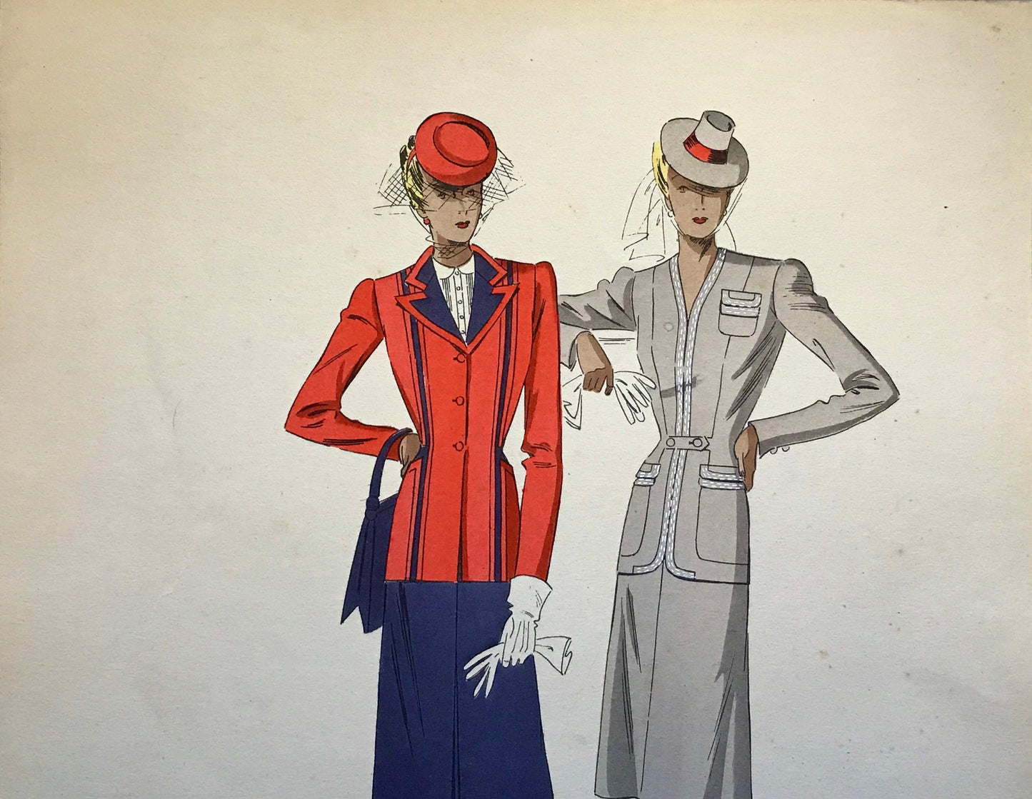 An Original Fashion Sketch, or Croquis, from ‘Les Creations Parisiennes’. A Hand Coloured Lithograph print. 1945. Large: 32.5 x 24.8 cms.