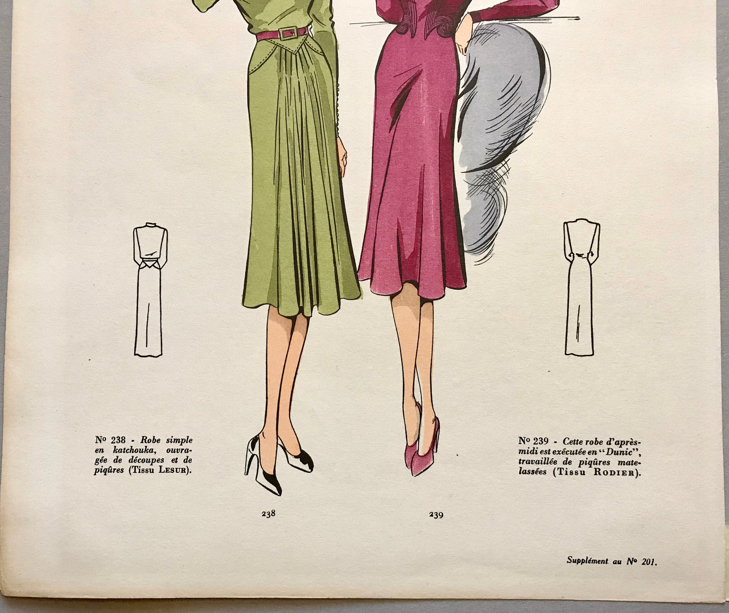 An Original Fashion Sketch, or Croquis, from ‘Les Creations Parisiennes’. A Hand Coloured Lithograph Print. 1945. Large: 32.5 x 24.8 cms.