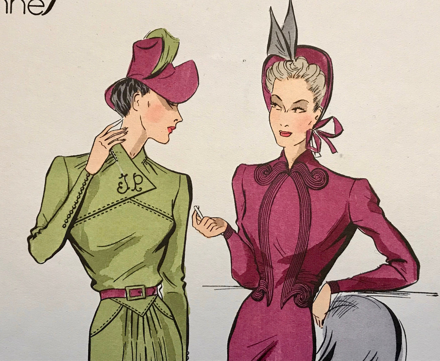 An Original Fashion Sketch, or Croquis, from ‘Les Creations Parisiennes’. A Hand Coloured Lithograph Print. 1945. Large: 32.5 x 24.8 cms.