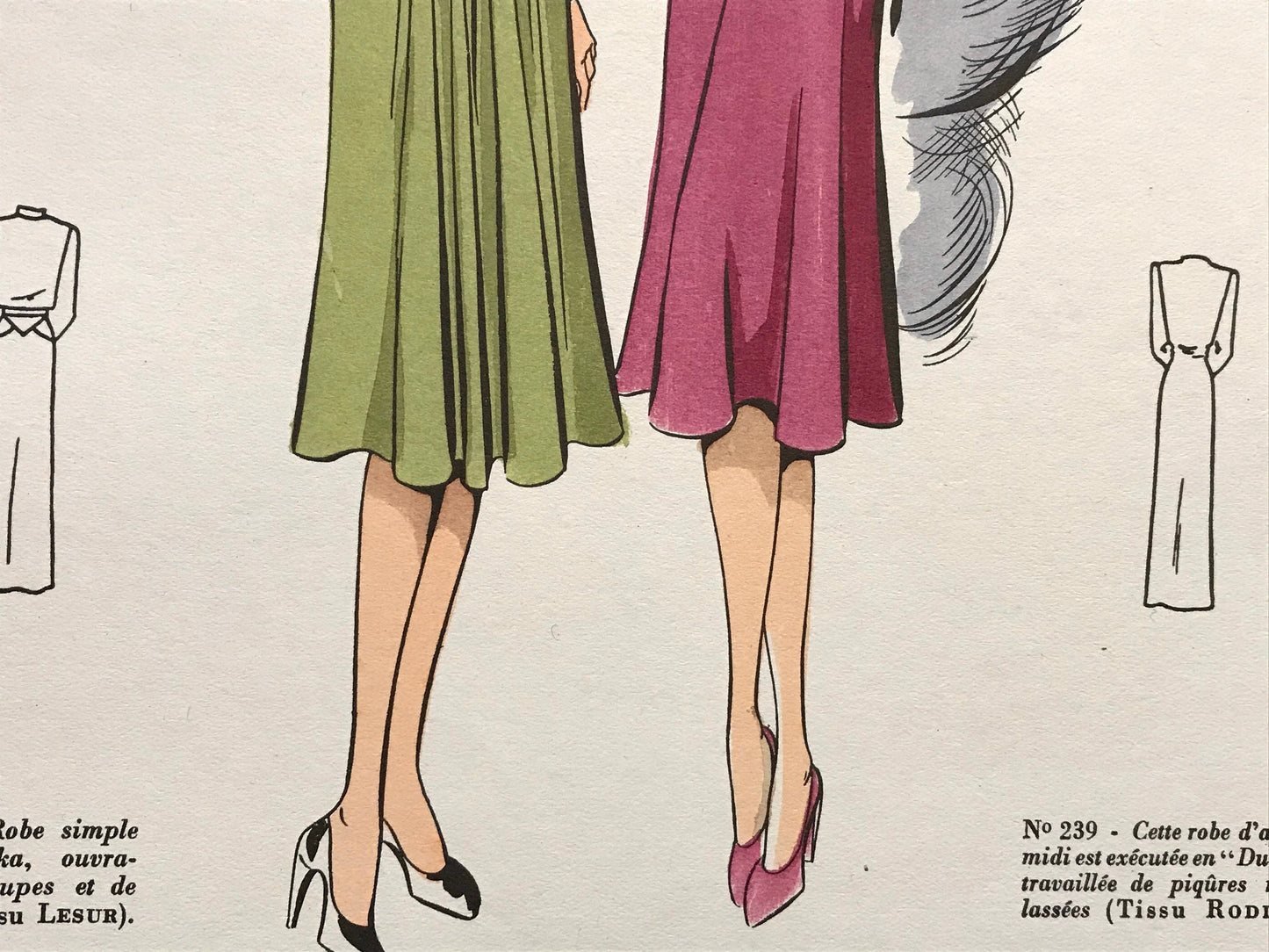 An Original Fashion Sketch, or Croquis, from ‘Les Creations Parisiennes’. A Hand Coloured Lithograph Print. 1945. Large: 32.5 x 24.8 cms.