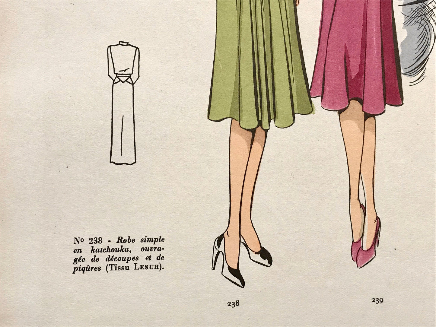 An Original Fashion Sketch, or Croquis, from ‘Les Creations Parisiennes’. A Hand Coloured Lithograph Print. 1945. Large: 32.5 x 24.8 cms.