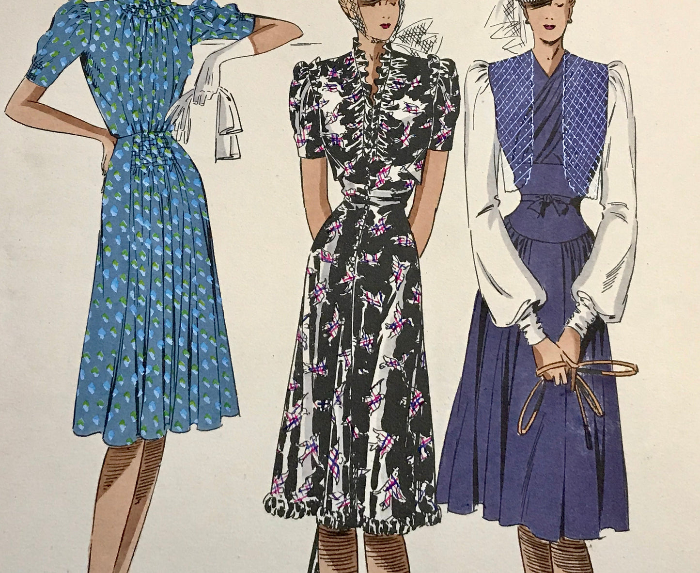 An Original Fashion Sketch, or Croquis, from ‘Les Creations Parisiennes’. A Hand Coloured Lithograph Print. 1945. Large: 32.5 x 24.8 cms.