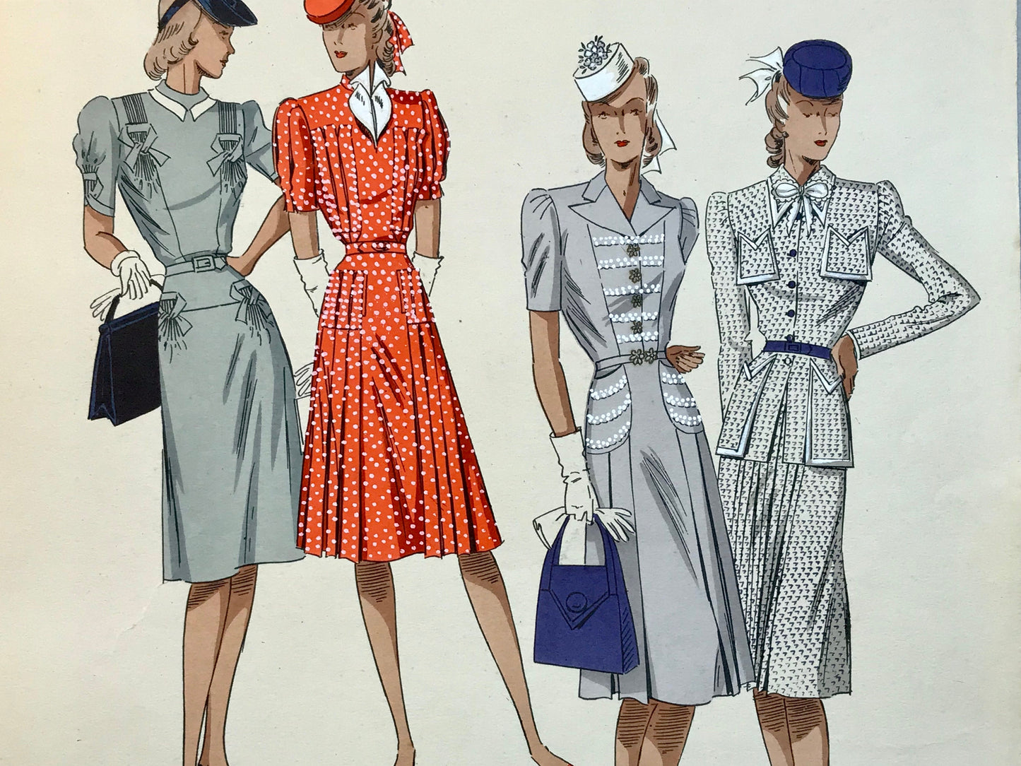 An Original Fashion Sketch, or Croquis, from ‘Les Creations Parisiennes’. A Hand Coloured Lithograph Print. 1945. Large: 32.5 x 24.8 cms.
