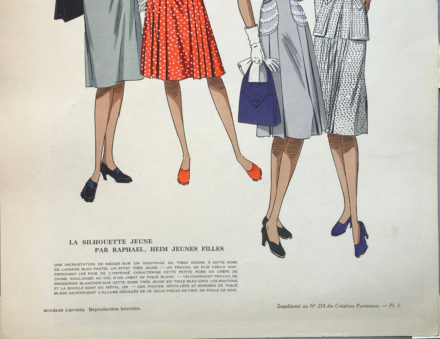 An Original Fashion Sketch, or Croquis, from ‘Les Creations Parisiennes’. A Hand Coloured Lithograph Print. 1945. Large: 32.5 x 24.8 cms.