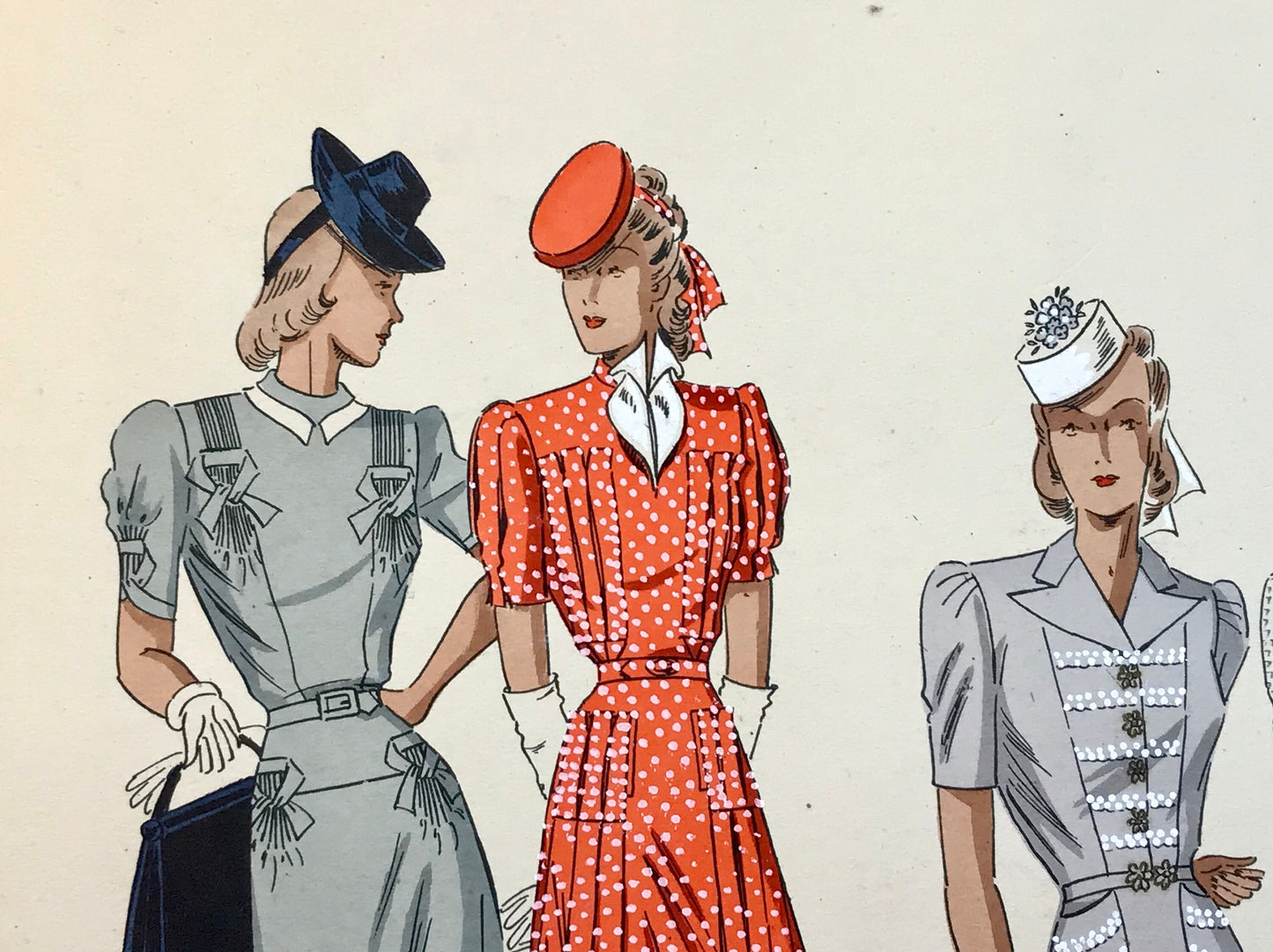 An Original Fashion Sketch, or Croquis, from ‘Les Creations Parisiennes’. A Hand Coloured Lithograph Print. 1945. Large: 32.5 x 24.8 cms.