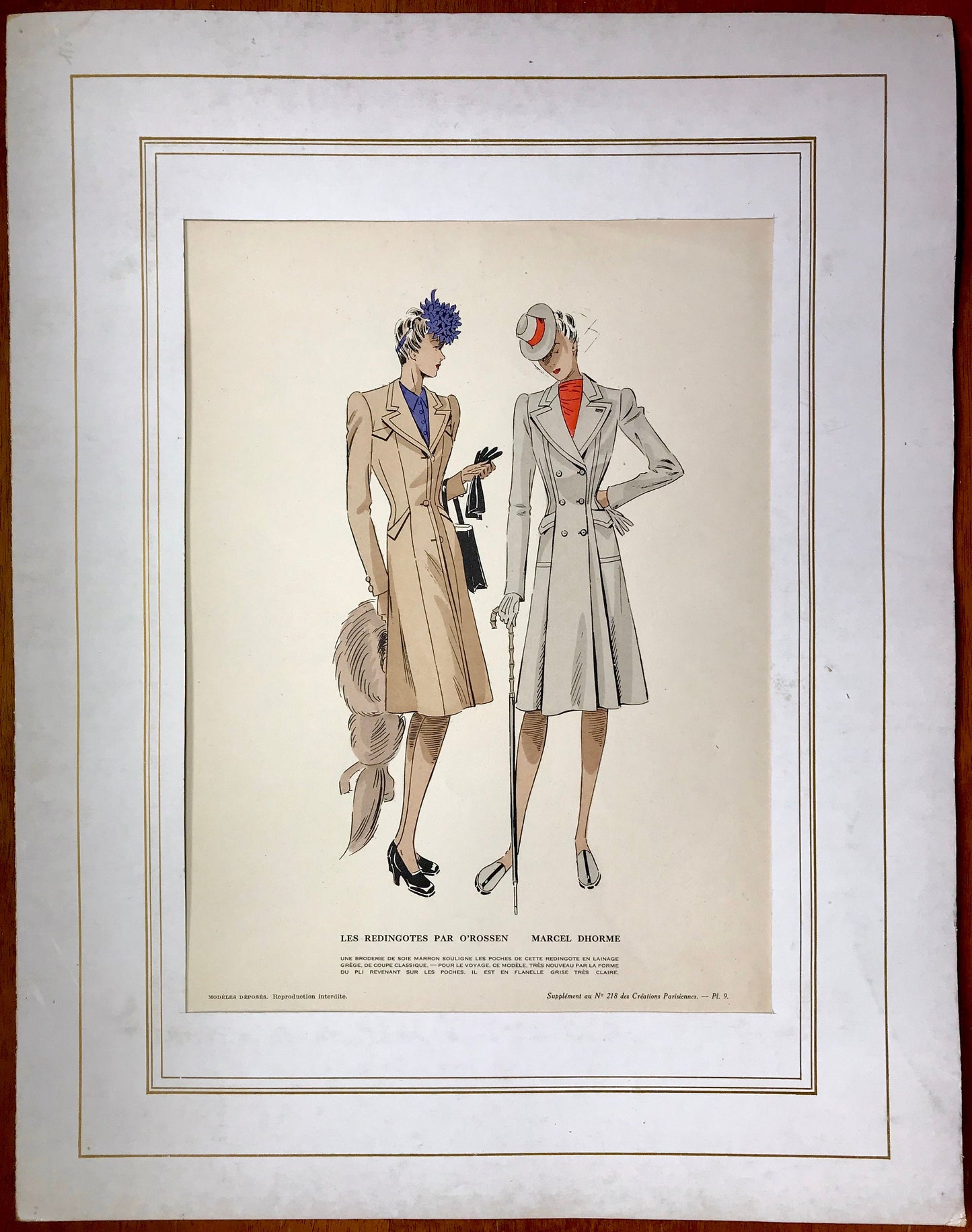 An Original Fashion Sketch, or Croquis, from ‘Les Creations Parisiennes’. A Hand Coloured Lithograph Print. 1945. Large: 32.5 x 24.8 cms.
