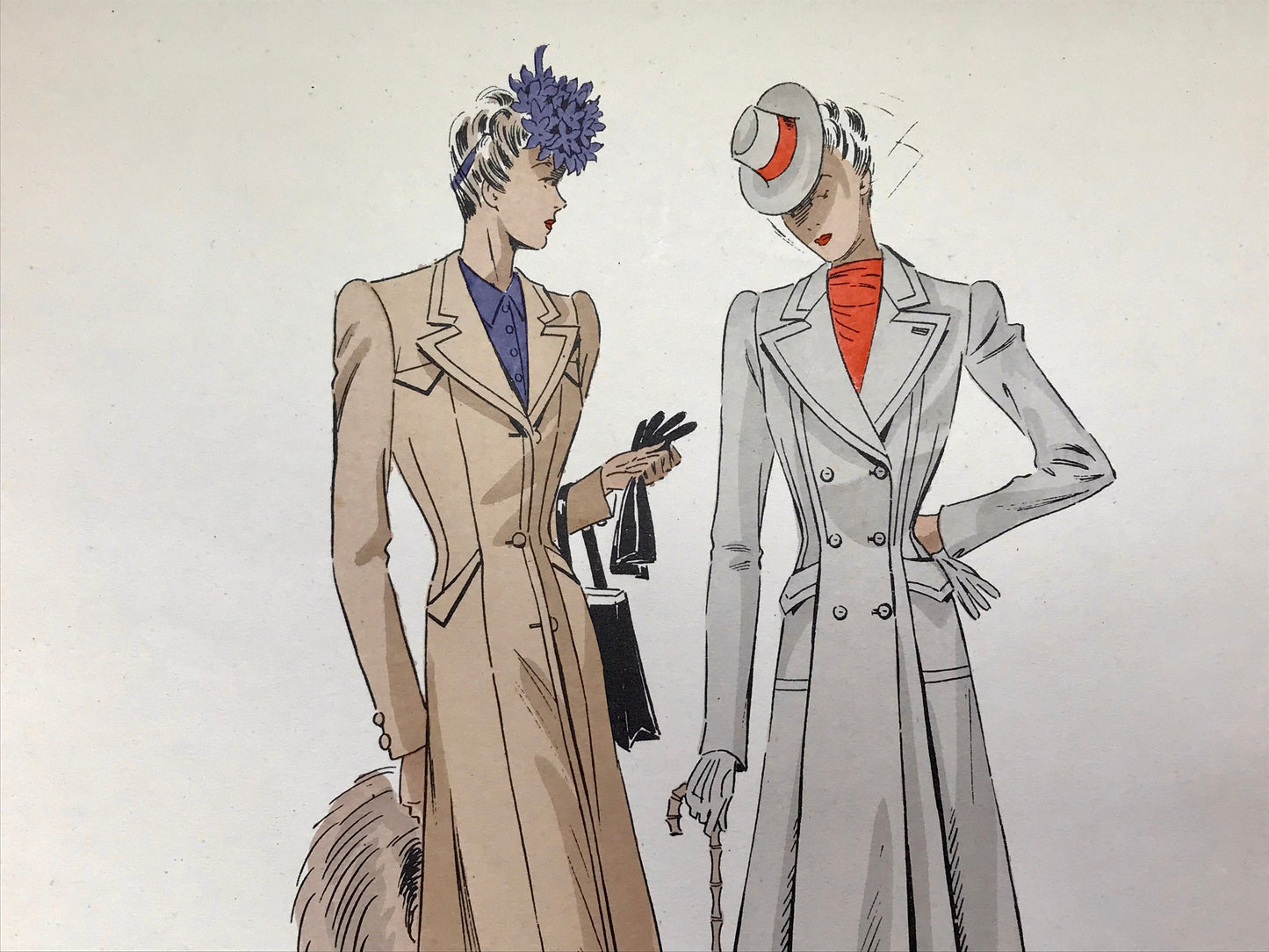 An Original Fashion Sketch, or Croquis, from ‘Les Creations Parisiennes’. A Hand Coloured Lithograph Print. 1945. Large: 32.5 x 24.8 cms.