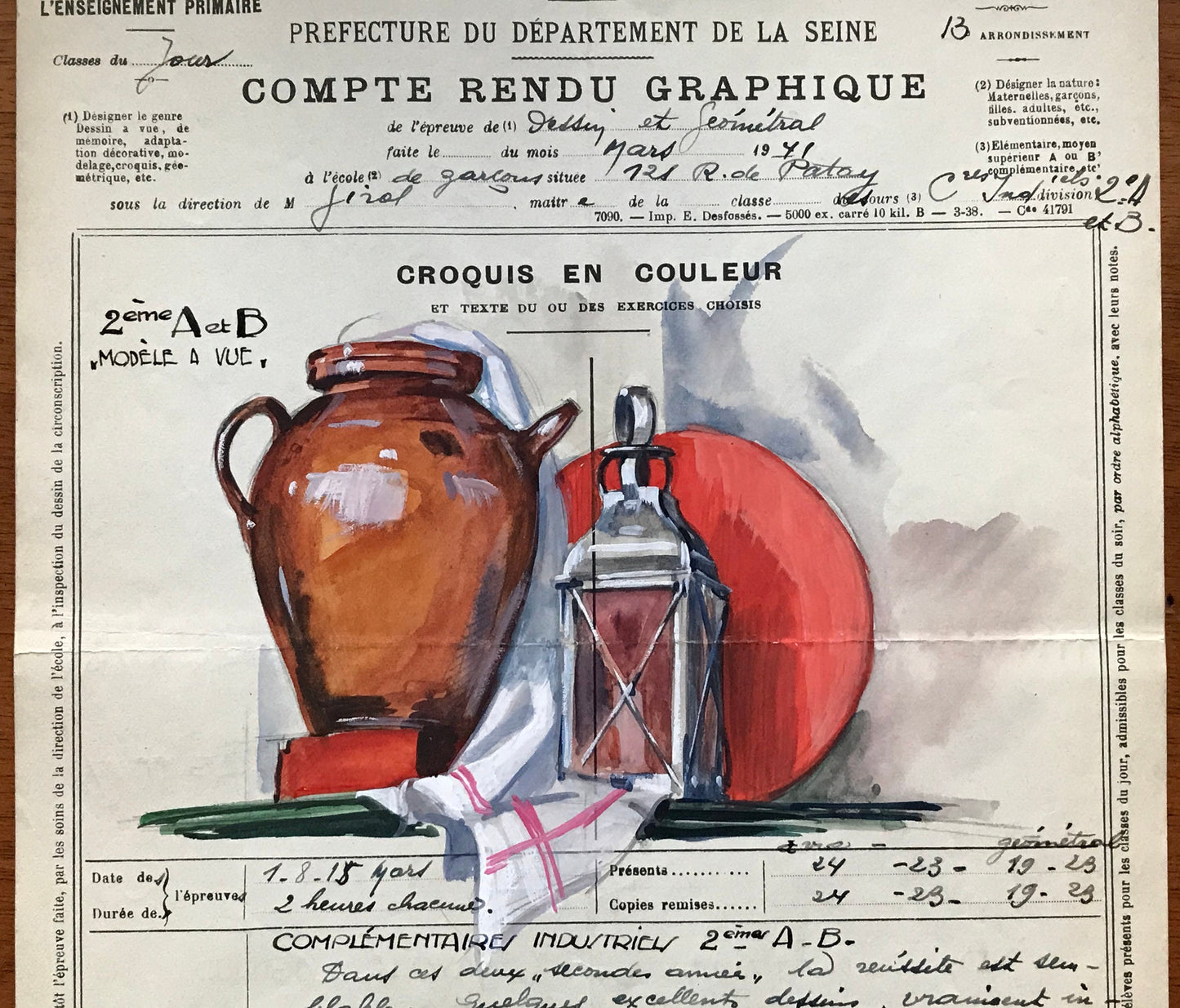 An original artwork. An Examination Piece from a Parisian Art School. Dated 1941. Size: 27 x 21 cms.