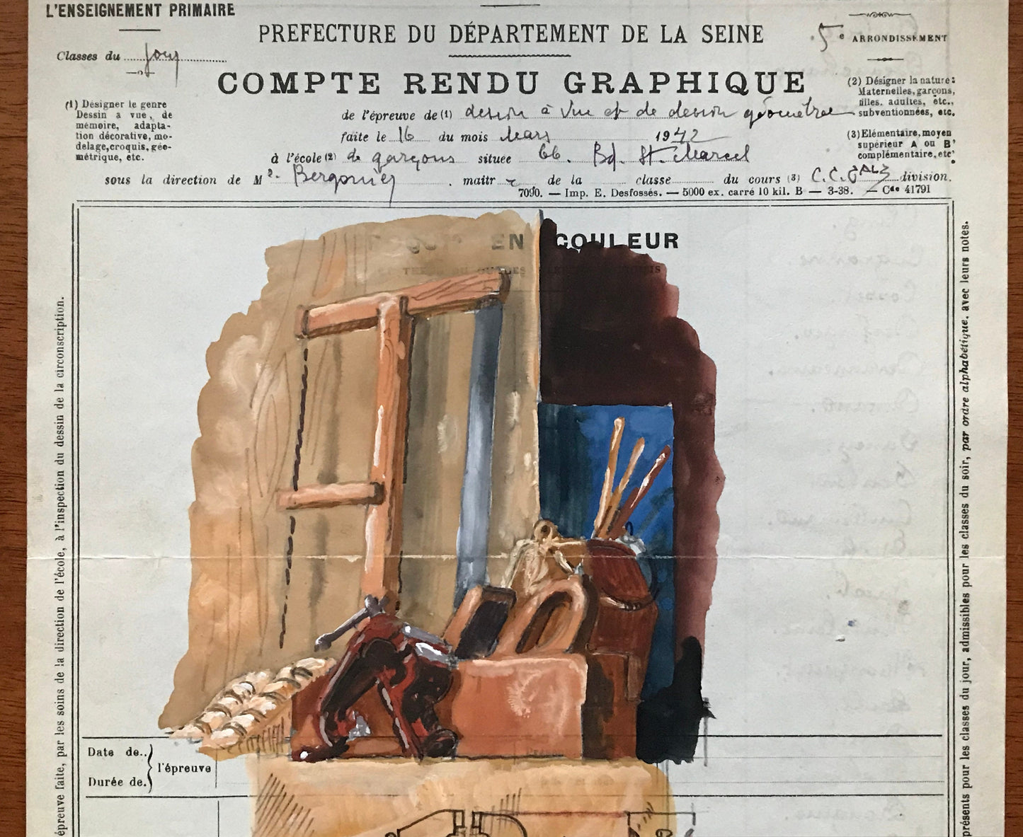 An original artwork. An Examination Piece from a Parisian Art School. Dated 1942. Size: 27 x 21 cms.