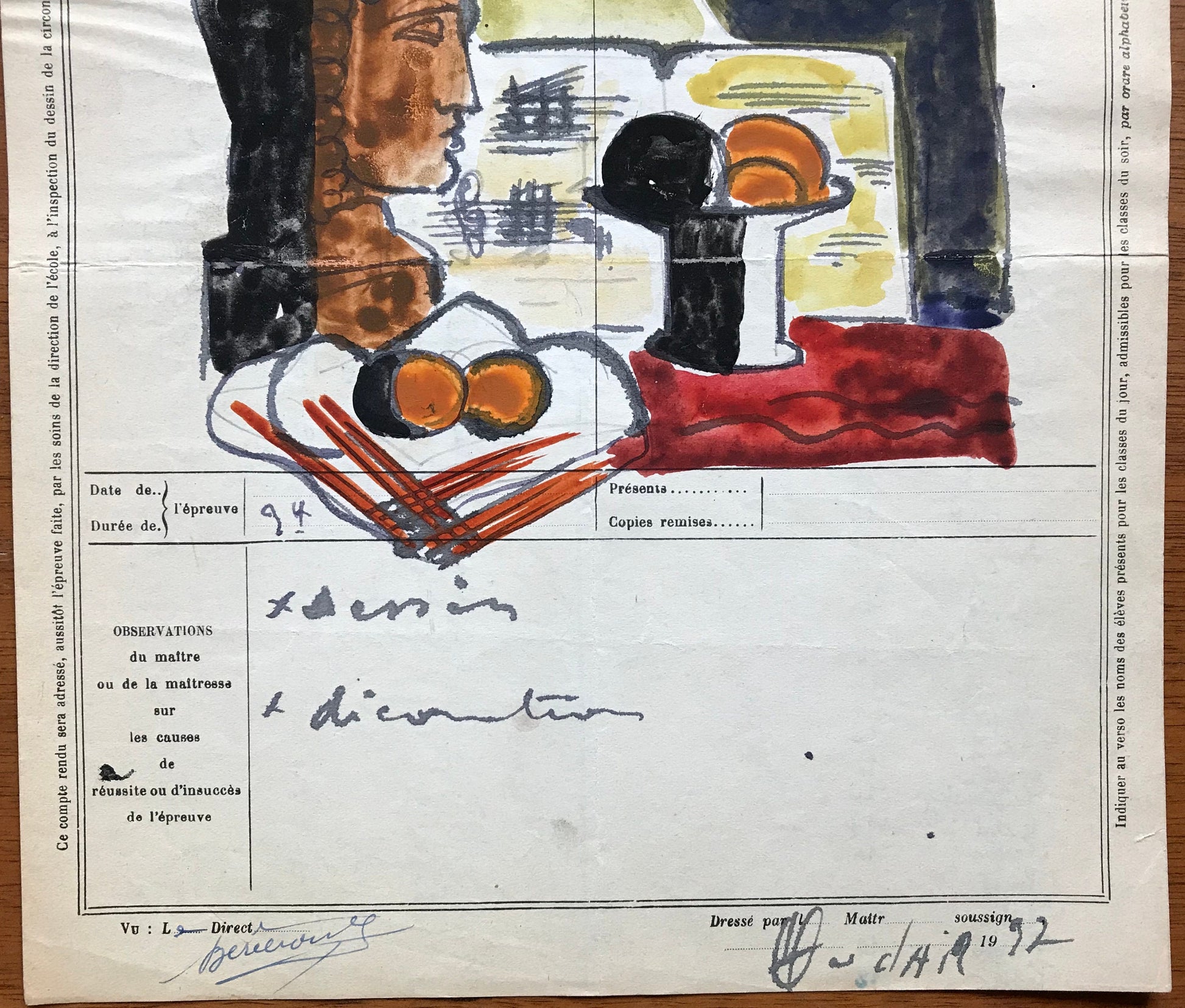 An original artwork. An Examination Piece from a Parisian Art School. Dated 1937. Size: 27 x 21 cms.