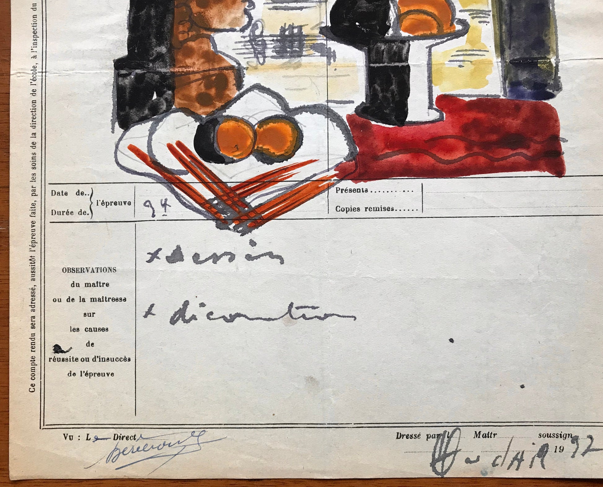 An original artwork. An Examination Piece from a Parisian Art School. Dated 1937. Size: 27 x 21 cms.