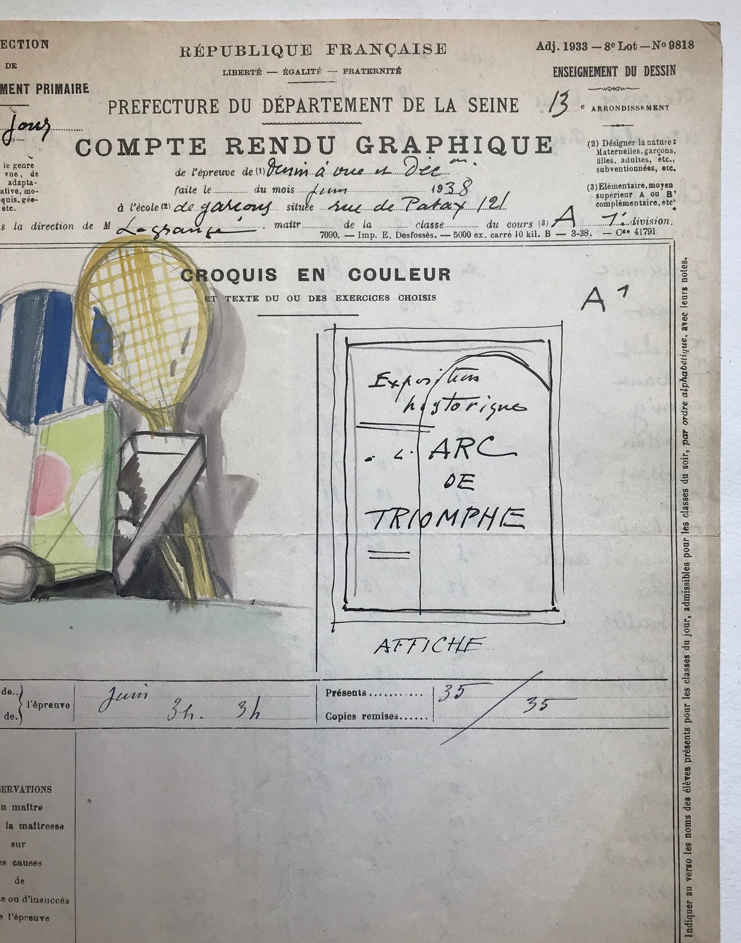 An original artwork. An Examination Piece from a Parisian Art School. Dated 1938. Size: 27 x 21 cms.