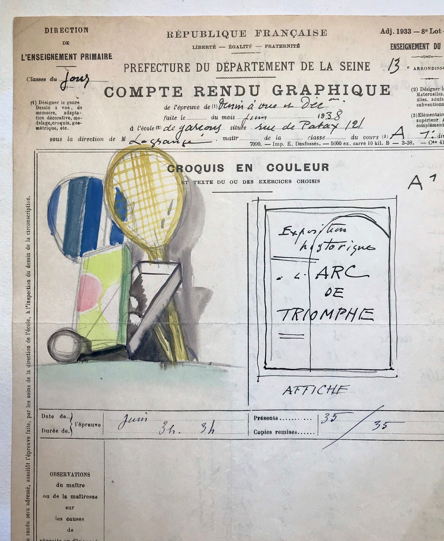 An original artwork. An Examination Piece from a Parisian Art School. Dated 1938. Size: 27 x 21 cms.