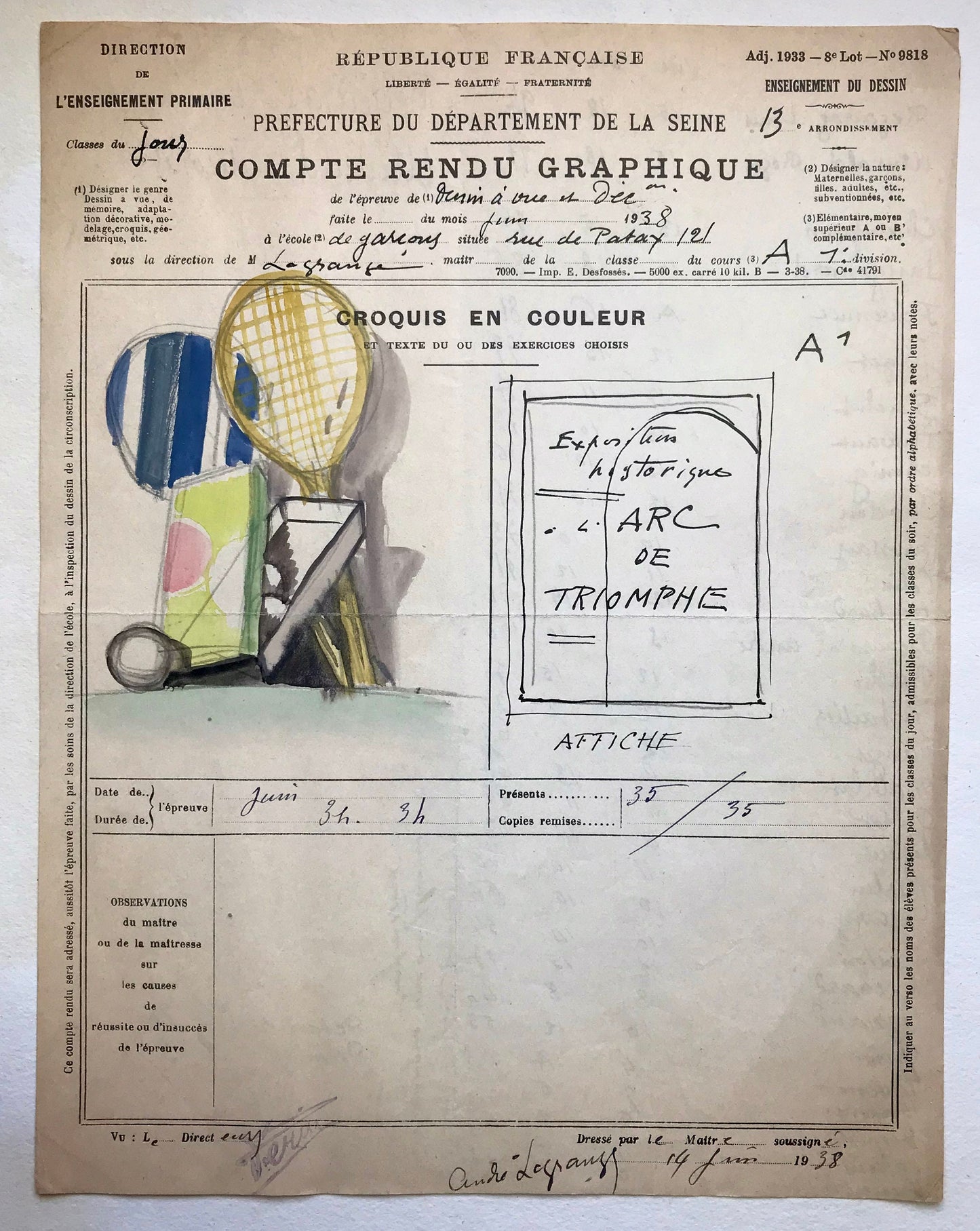 An original artwork. An Examination Piece from a Parisian Art School. Dated 1938. Size: 27 x 21 cms.